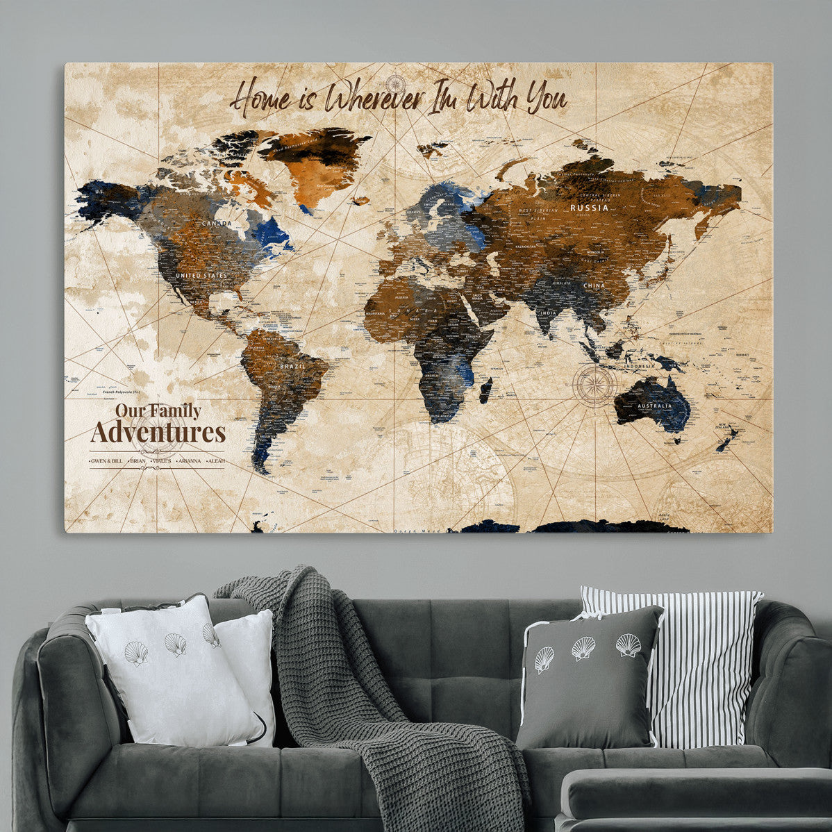 37709027-MGV-CV-36X24 - Customized Push Pin World Map Wall Art Canvas Print with Pins, Vintage Personalized Travel Tracker Map, Framed World Map for Living Room, Office and Home Decor
