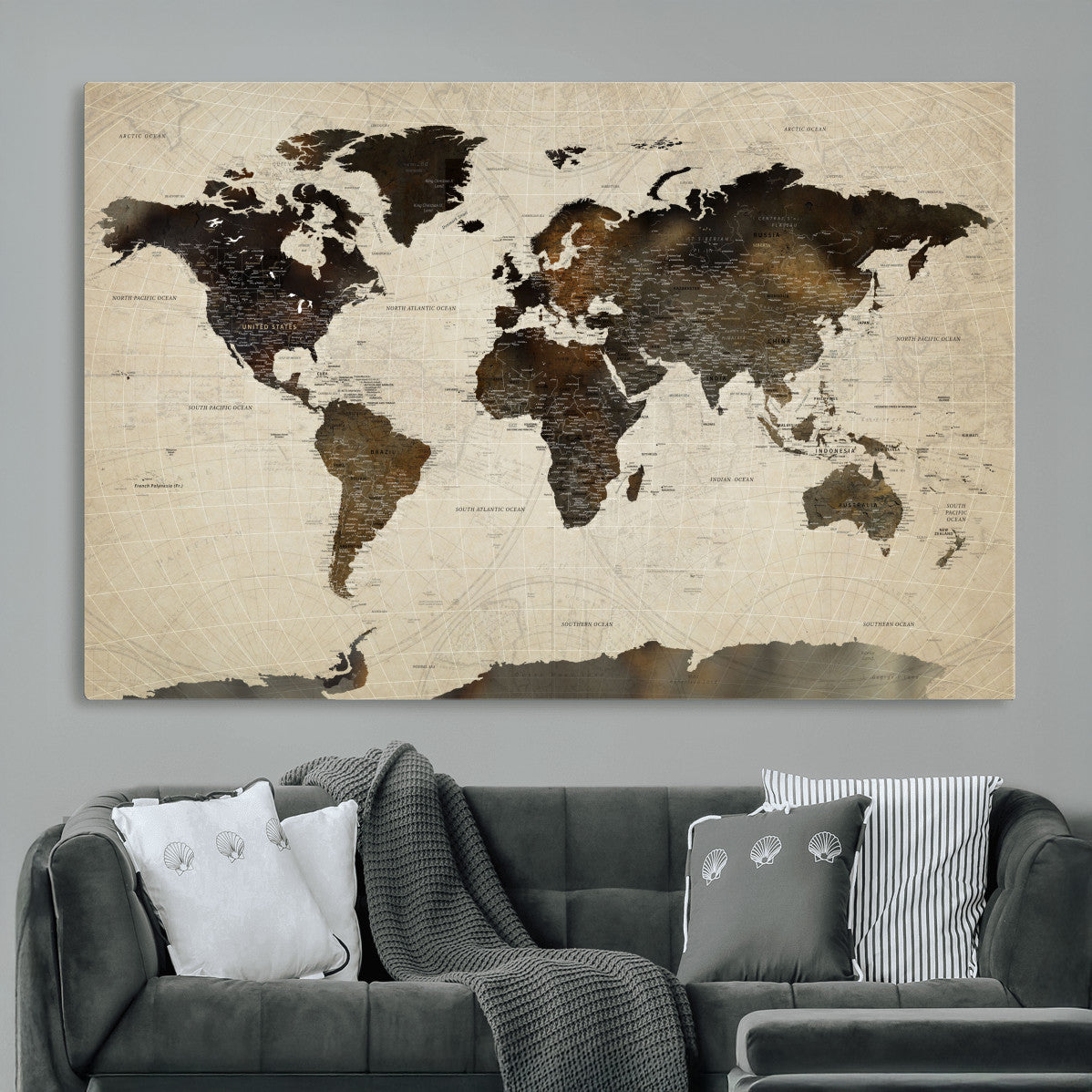 81771296-MGV-CV-36X24 - World Map Wall Art Canvas Print, Modern Decorative Framed Map Artwork Prints for Living Room, Office, Bedroom Wall Decor
