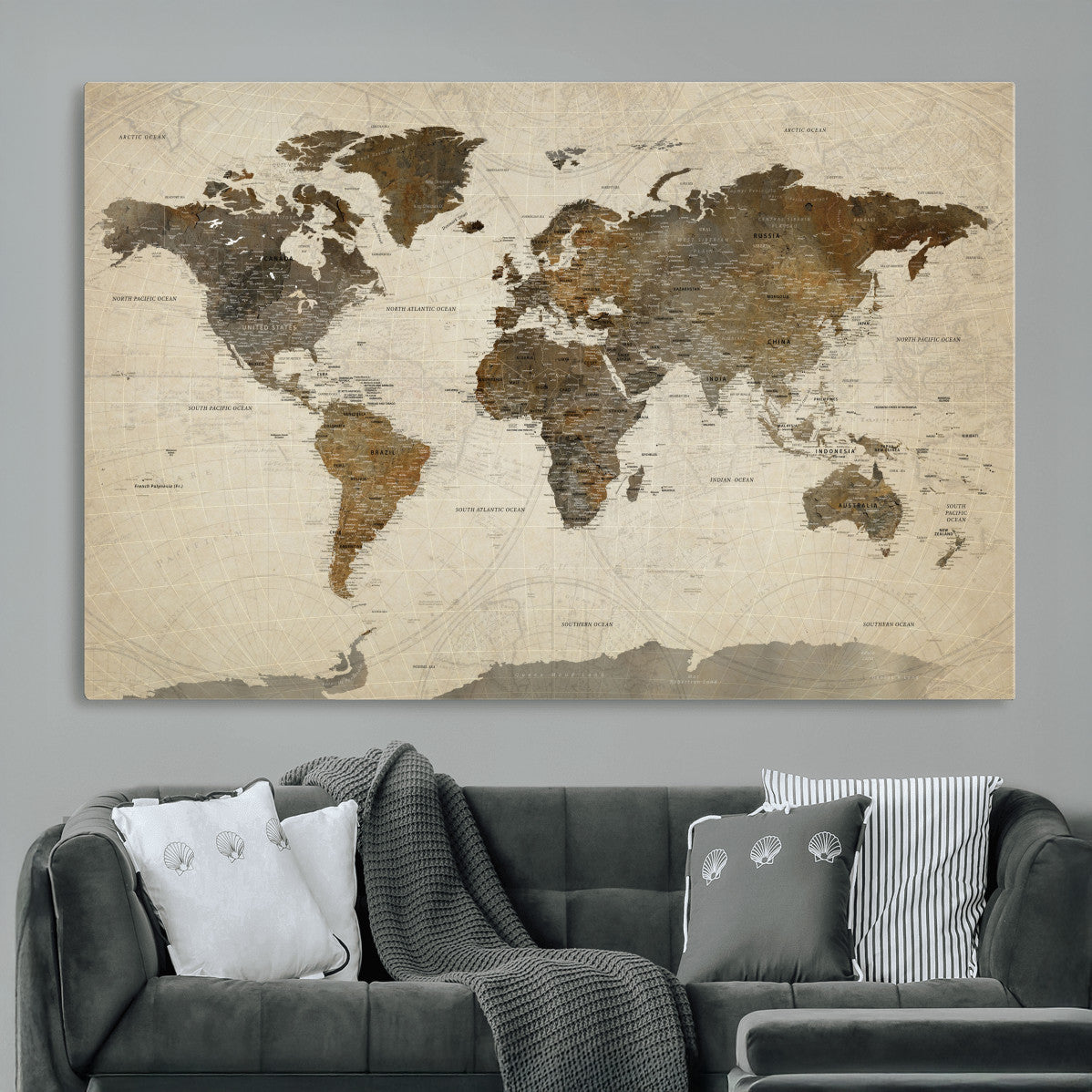 91849163-MGV-CV-36X24 - World Map Wall Art Canvas Print, Modern Decorative Framed Map Artwork Prints for Living Room, Office, Bedroom Wall Decor