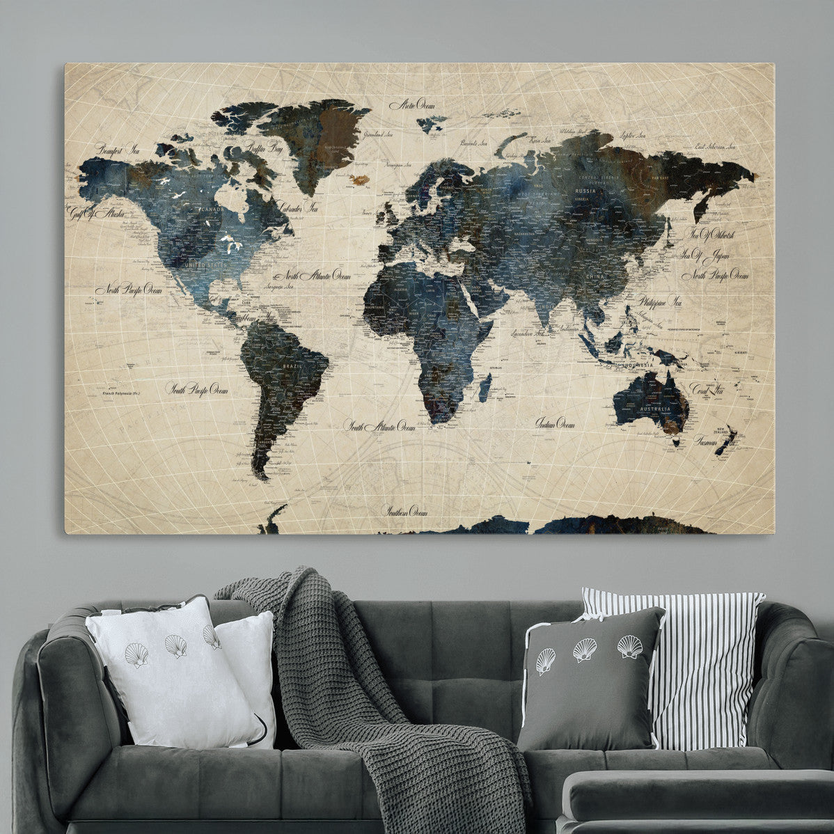 33438443-MGV-CV-36X24 - World Map Wall Art Canvas Print, Modern Decorative Framed Map Artwork Prints for Living Room, Office, Bedroom Wall Decor