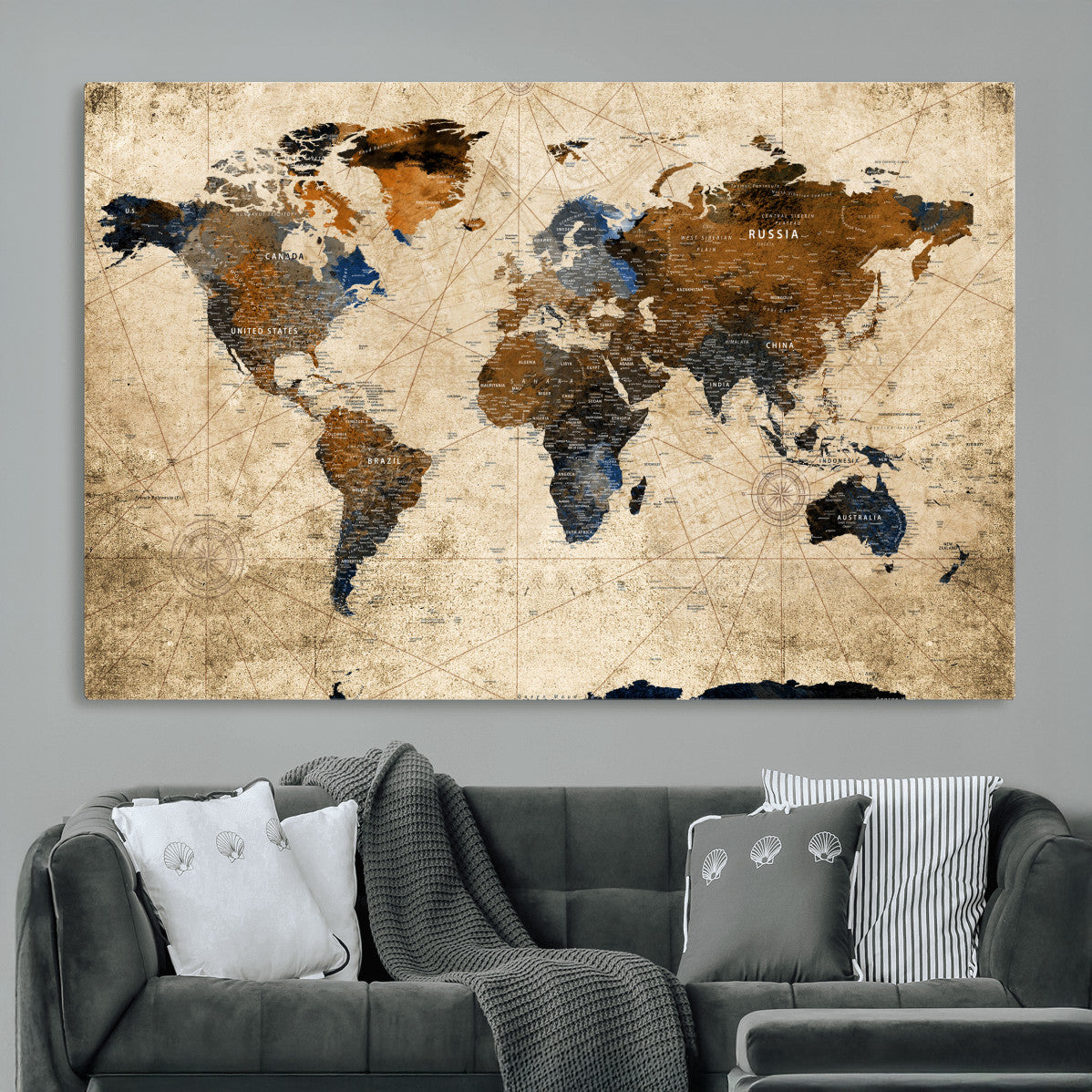 56297284-MGV-CV-36X24 - World Map Wall Art Canvas Print, Modern Decorative Framed Map Artwork Prints for Living Room, Office, Bedroom Wall Decor