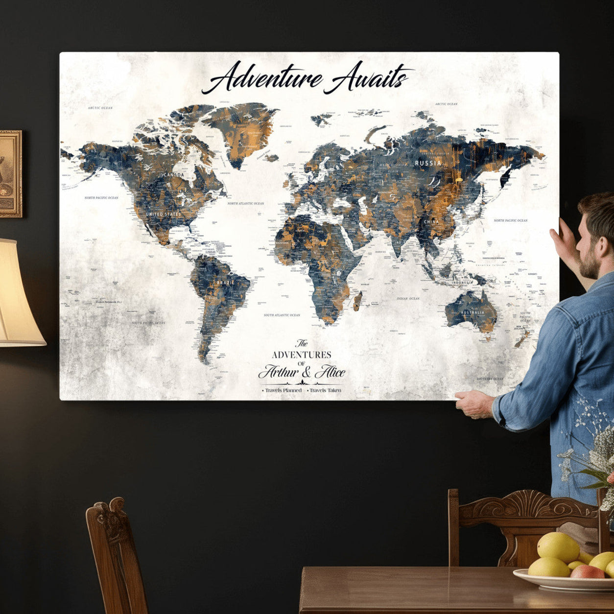 68986086-MGV-CV-36X24 - Customized Push Pin World Map Wall Art Canvas Print with Pins, Framed Personalize Travel Tracker Map, World Map for Office Decor