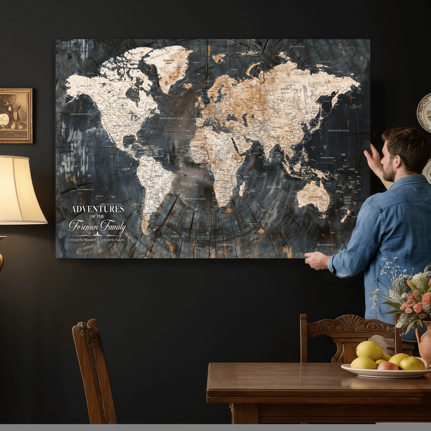 74461965-MGV-CV-36X24 - Customized Push Pin World Map Wall Art Canvas Print with Pins, Framed Personalize Travel Tracker Map, World Map for Living Room and Office Decor