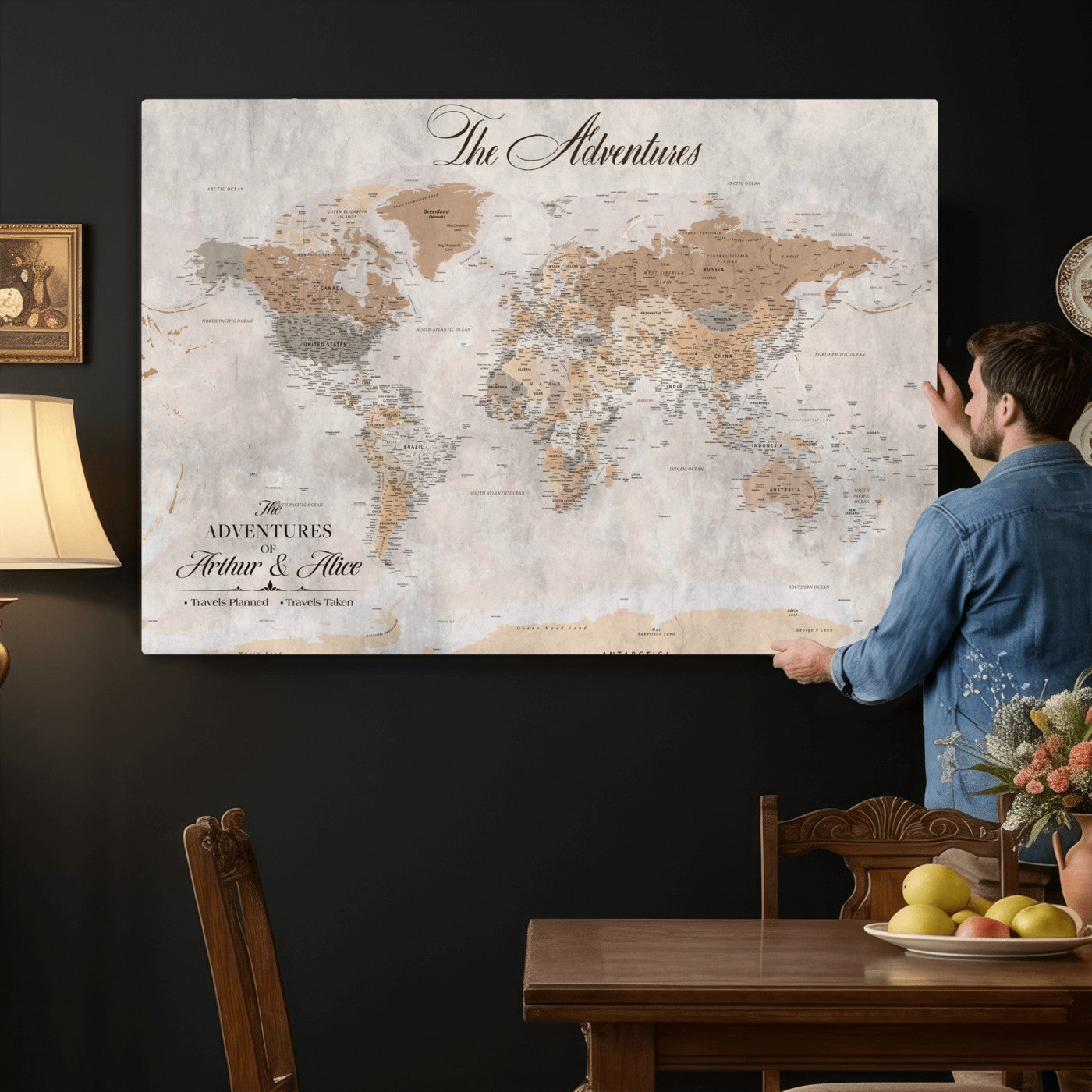 85771580-MGV-CV-36X24 - Custom Push Pin World Map Wall Art Canvas Print with Pins, Framed Personalize Travel Tracker Map, World Map for Living Room and Office Decor