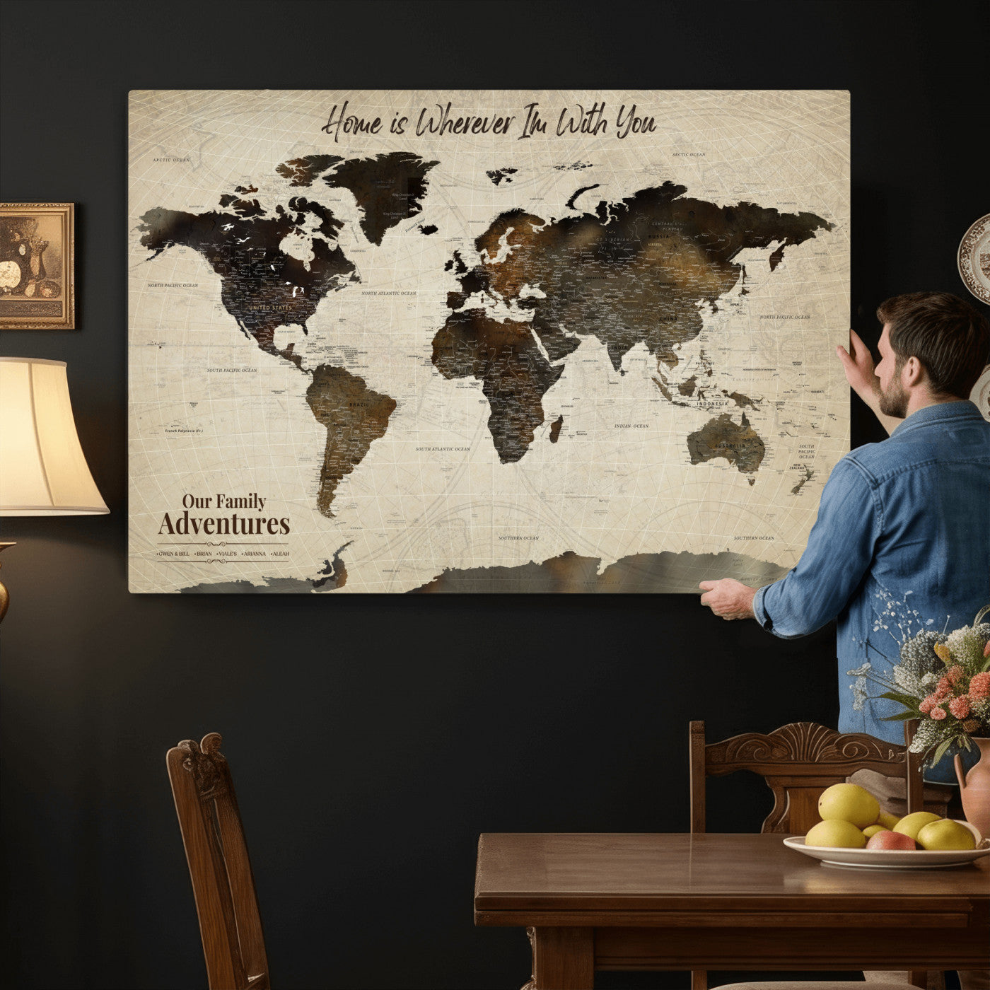 44658041-MGV-CV-36X24 - Customized Push Pin World Map Wall Art Canvas Print with Pins, Framed Personalize Travel Tracker Map, World Map for Living Room and Office Decor