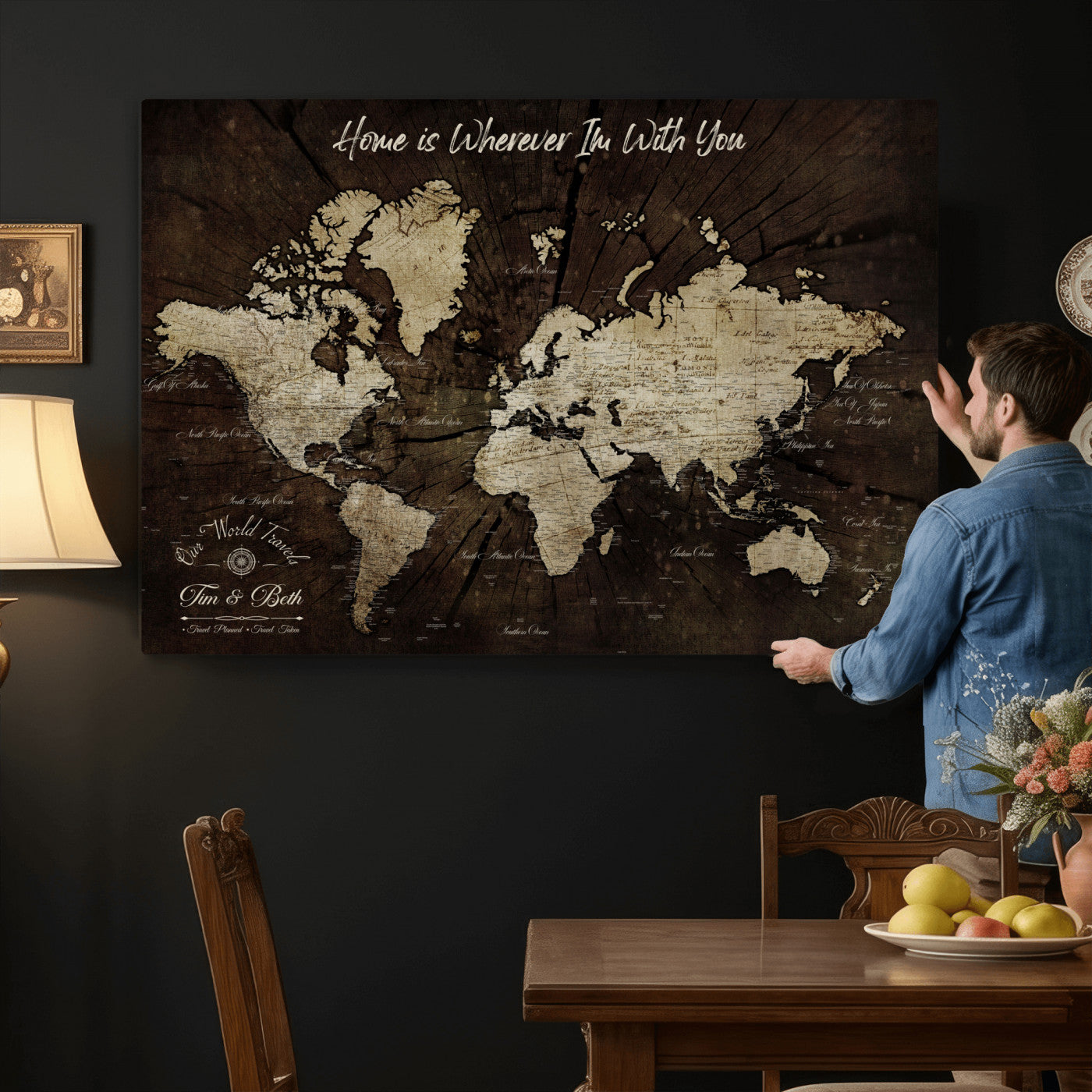 57852913-MGV-CV-36X24 - Customized Push Pin World Map Wall Art Canvas Print with Pins, Framed Personalize Travel Tracker Map, World Map for Living Room and Office Decor