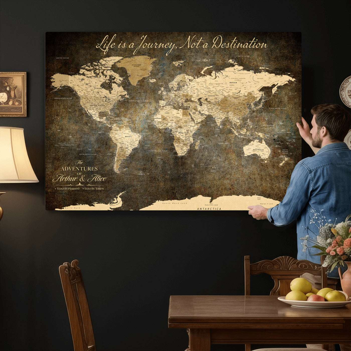75877068-MGV-CV-36X24 - Custom Push Pin World Map Wall Art Canvas Print – Personalized Travel Tracker with Pins Framed Large for Home and Office Decor