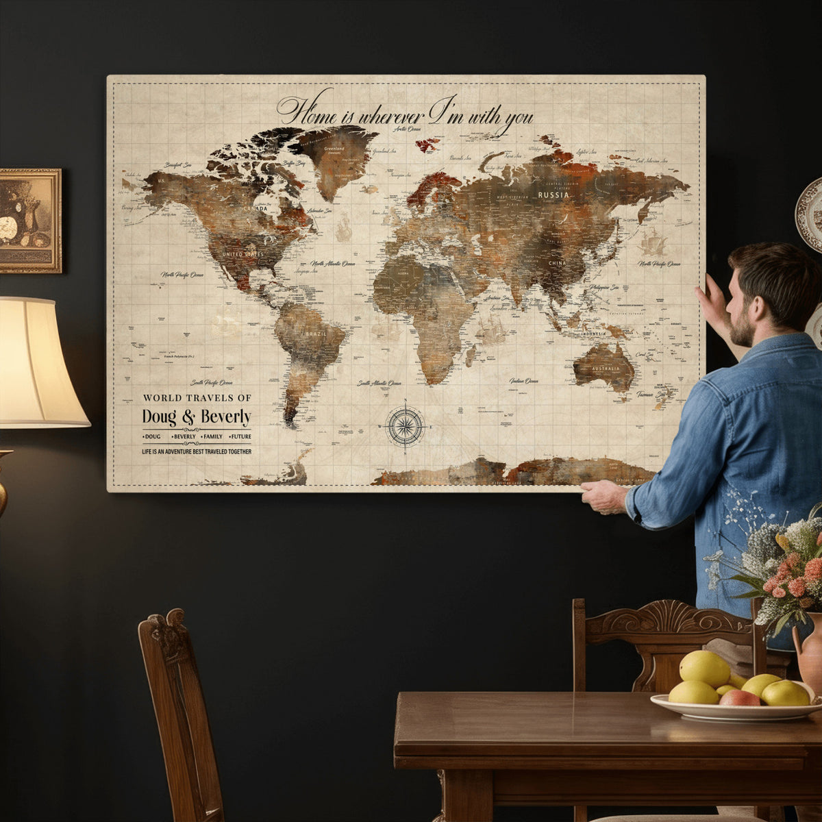 94399474-MGV-CV-36X24 - Large Custom Framed Beige Vintage World Travel Map Wall Art with Pins, Couples Countries Visited Map, Living Room and Hallway Decor