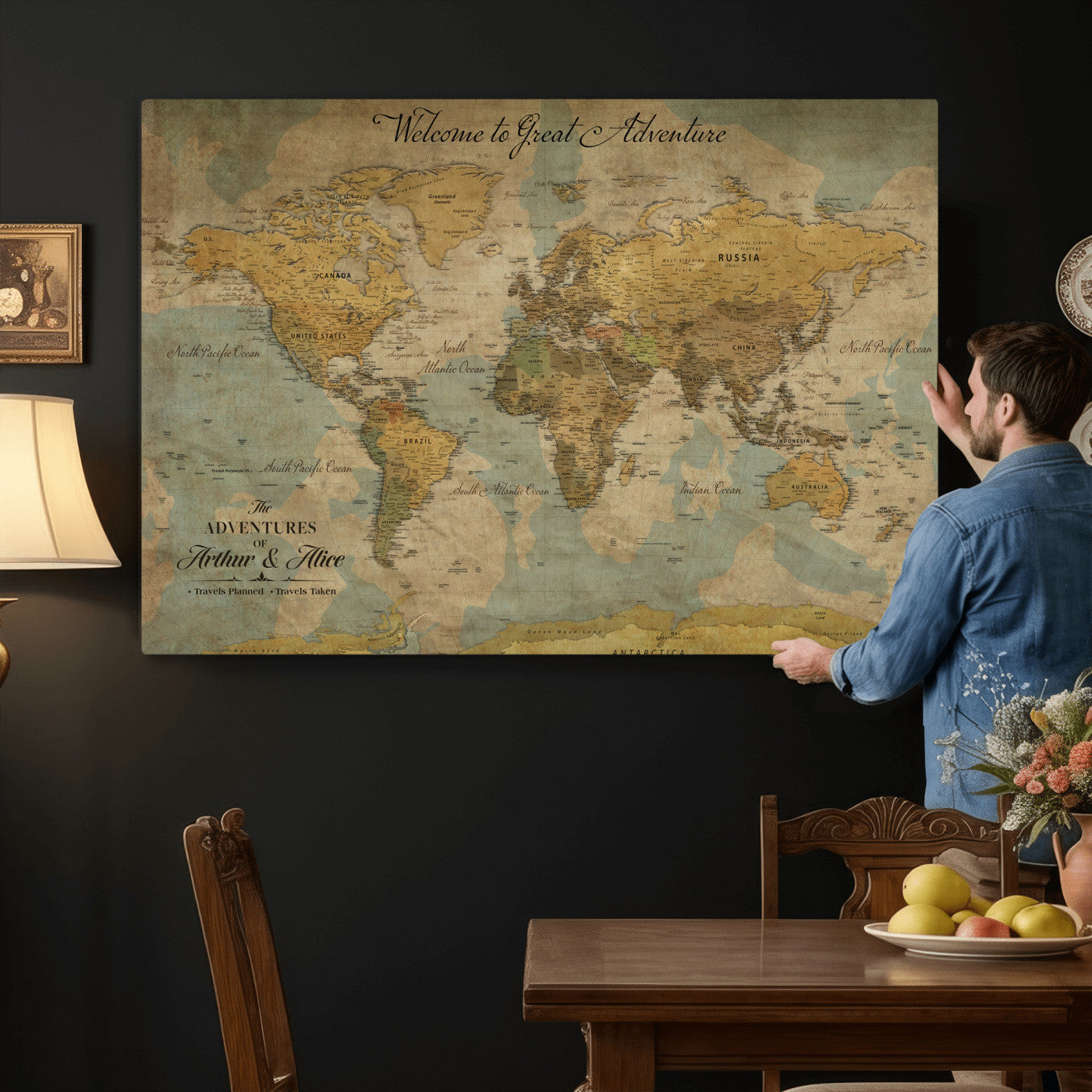37903085-MGV-CV-36X24 - Custom Push Pin World Map Wall Art Canvas Print – Personalized Travel Tracker with Pins Framed Large for Home and Office Decor