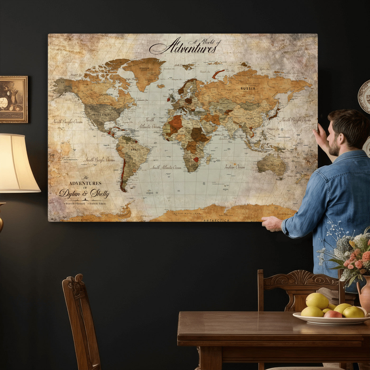 54461872-MGV-CV-36X24 - Custom Push Pin World Map Wall Art Canvas Print - Personalized Travel Tracker with Pins Framed Large for Home and Office Decor