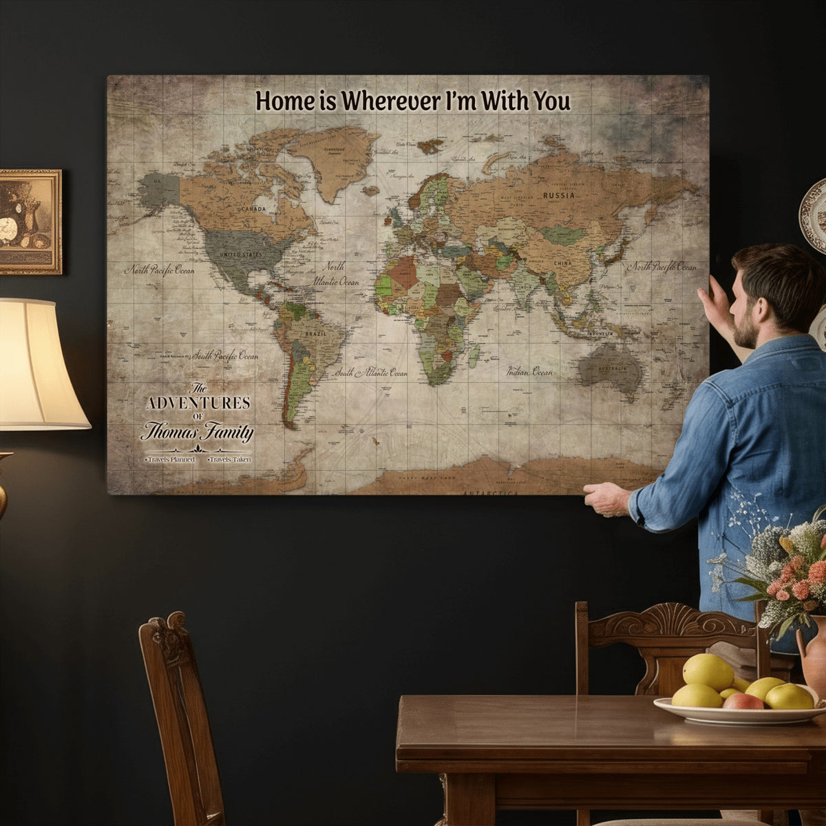 22593671-MGV-CV-36X24 - Personalized Beige Geometric World Map Canvas with Push Pins, Next Trip Planner Map, Study and Entryway Decor