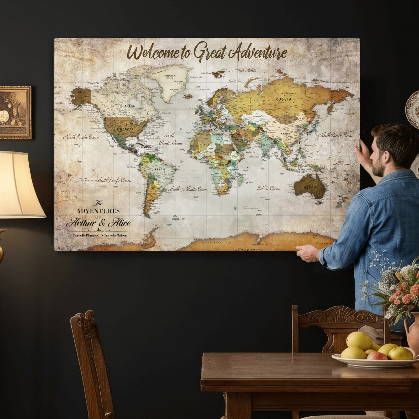33043195-MGV-CV-36X24 - Custom Push Pin World Map Wall Art Canvas Print – Personalized Travel Tracker with Pins Framed Large for Home and Office Decor