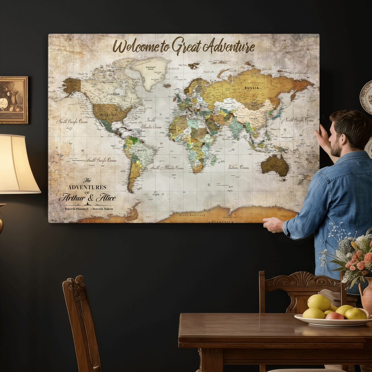 33043195-MGV-CV-36X24 - Personalized Beige World Travel Map Wall Art with Pins, Family Travel Tracker, Family Room and Study Decor