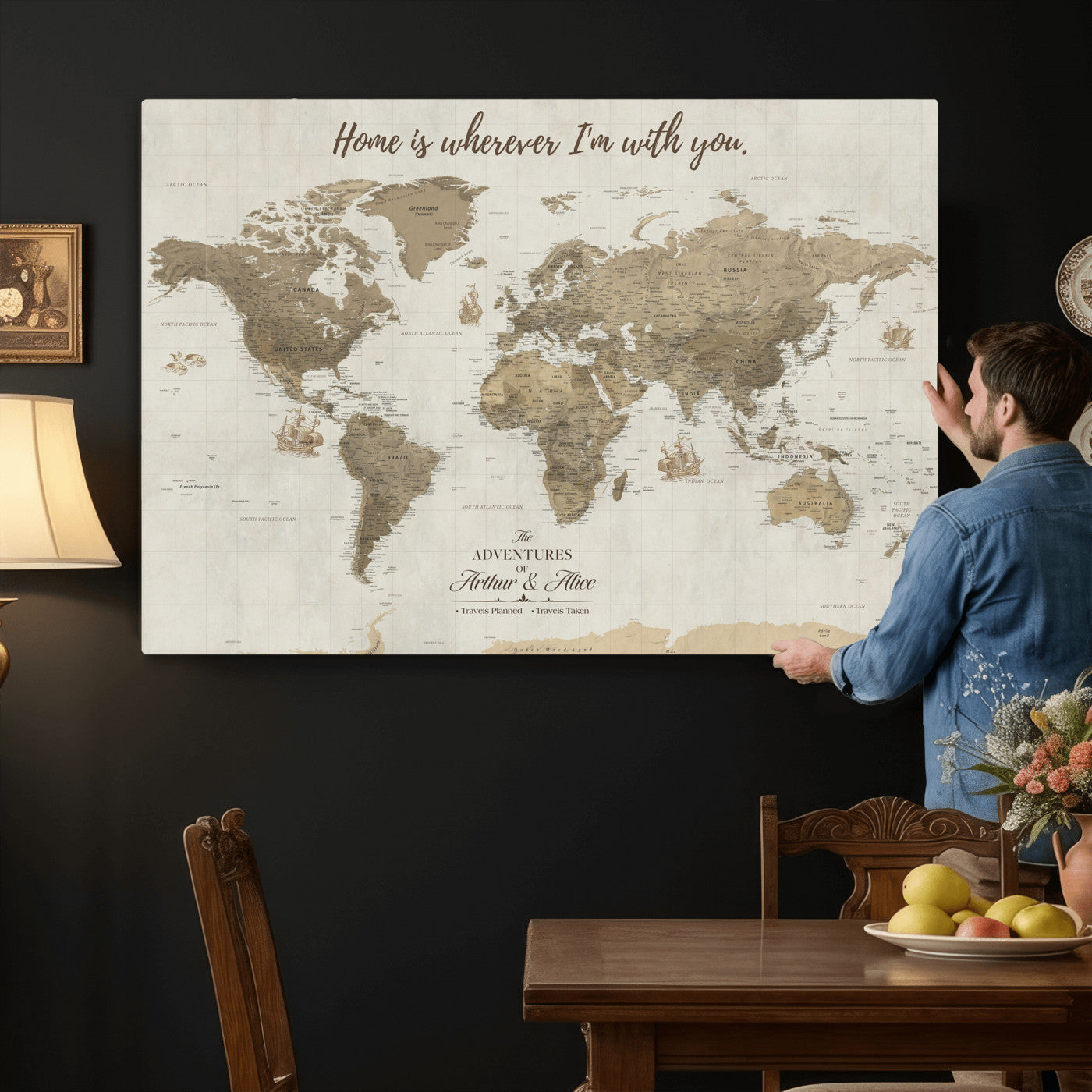 61351027-MGV-CV-36X24 - Custom Push Pin World Map Wall Art Canvas Print – Personalized Travel Tracker with Pins Framed Large for Home and Office Decor