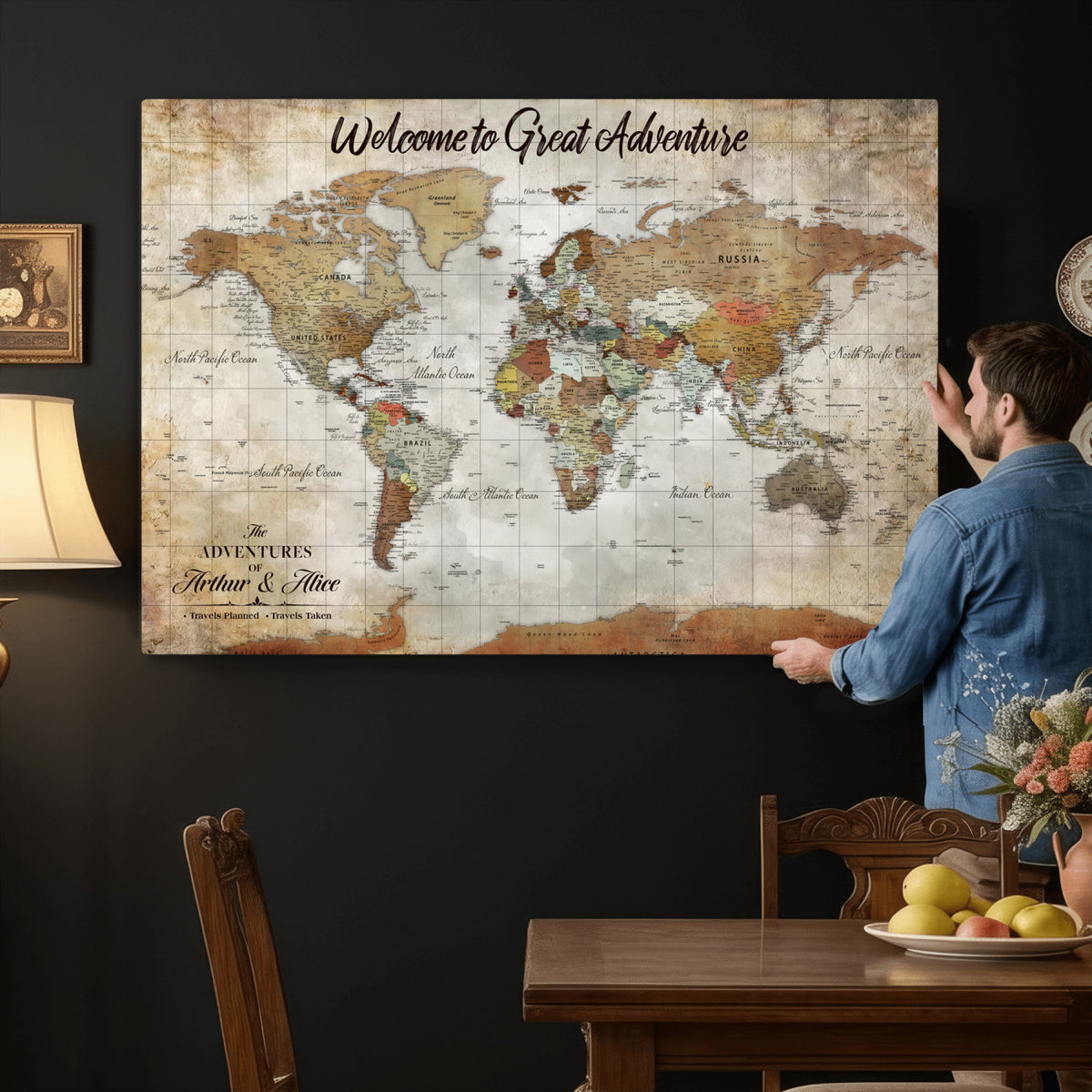 22906161-MGV-CV-36X24 - Personalized Beige Push Pin World Map Wall Art, Bucket List Map, Living Room and Family Room Decor