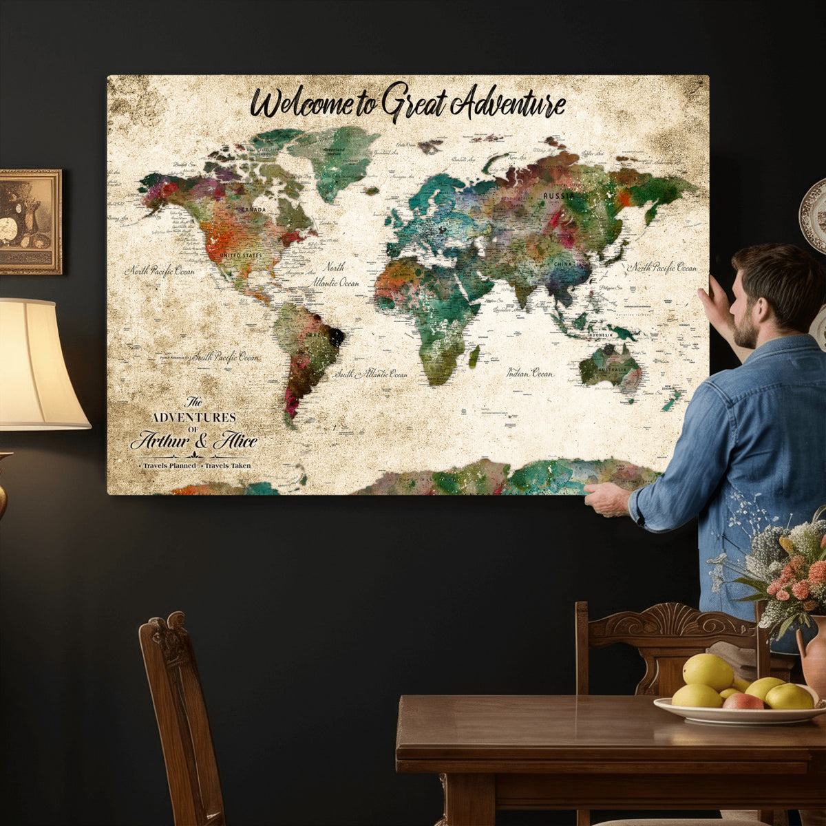 89225601-MGV-CV-36X24 - Personalized Beige Grunge World Map Canvas with Push Pins, Next Trip Planner Map, Family Room and Home Office Decor