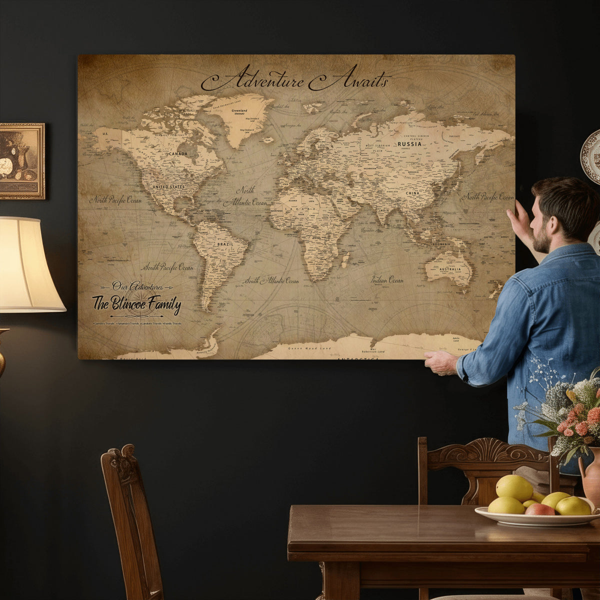 59418012-MGV-CV-36X24 - Personalized Framed Beige World Travel Map Wall Art with Pins, Family Travel Tracker, Family Room and Entryway Decor