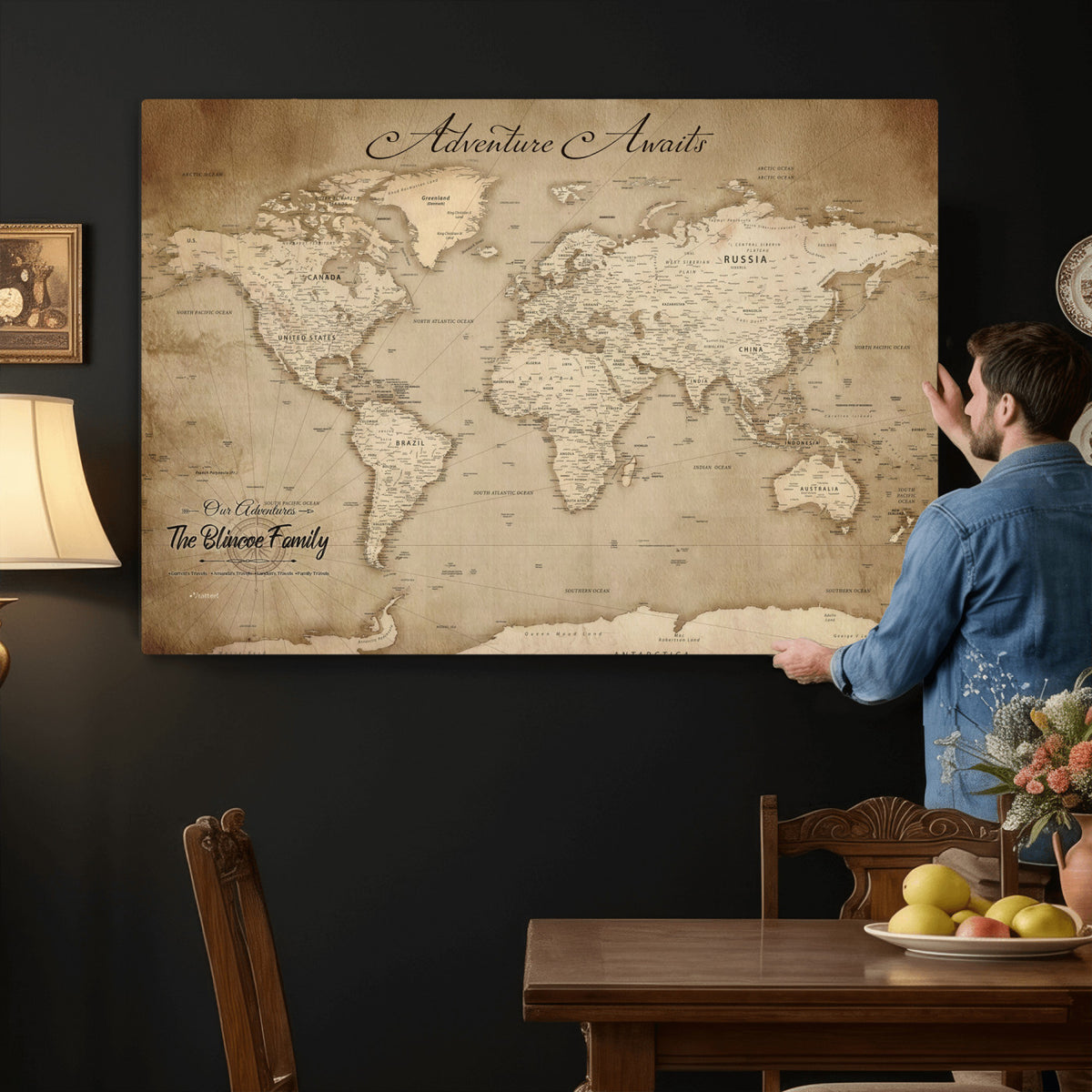 59757370-MGV-CV-36X24 - Personalized Black Modern Push Pin World Map Wall Art, Places Visited Tracker, Family Room and Bedroom Decor