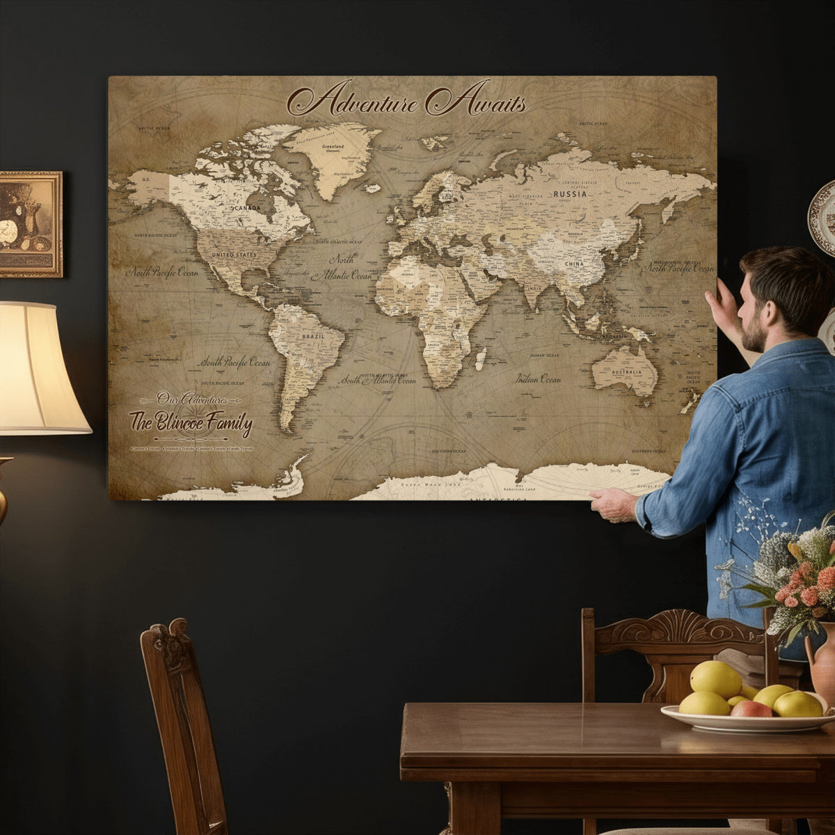 96775856-MGV-CV-36X24 - Custom Beige Modern Push Pin World Map Canvas Print, Family Travel Tracker, Dining Room and Home Office Decor