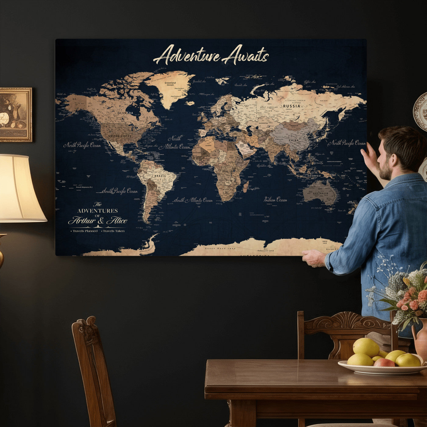 64110301-MGV-CV-36X24 - Custom Push Pin World Map Wall Art Canvas Print - Personalized Travel Tracker with Pins Framed Large for Home and Office Decor