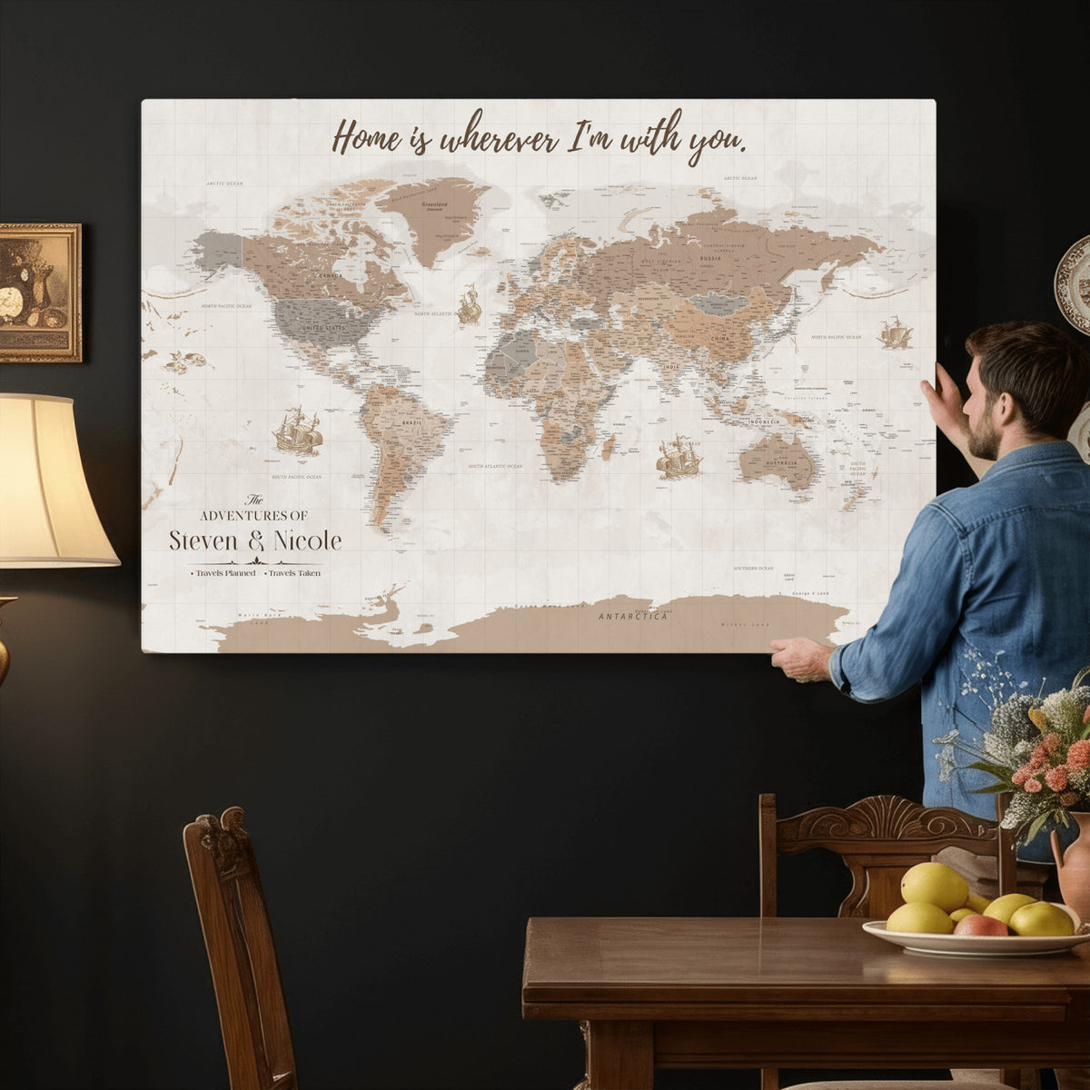 25831578-MGV-CV-36X24 - Custom Push Pin World Map Wall Art Canvas Print | Personalized Travel Tracker with Pins Framed Large for Home and Office Decor