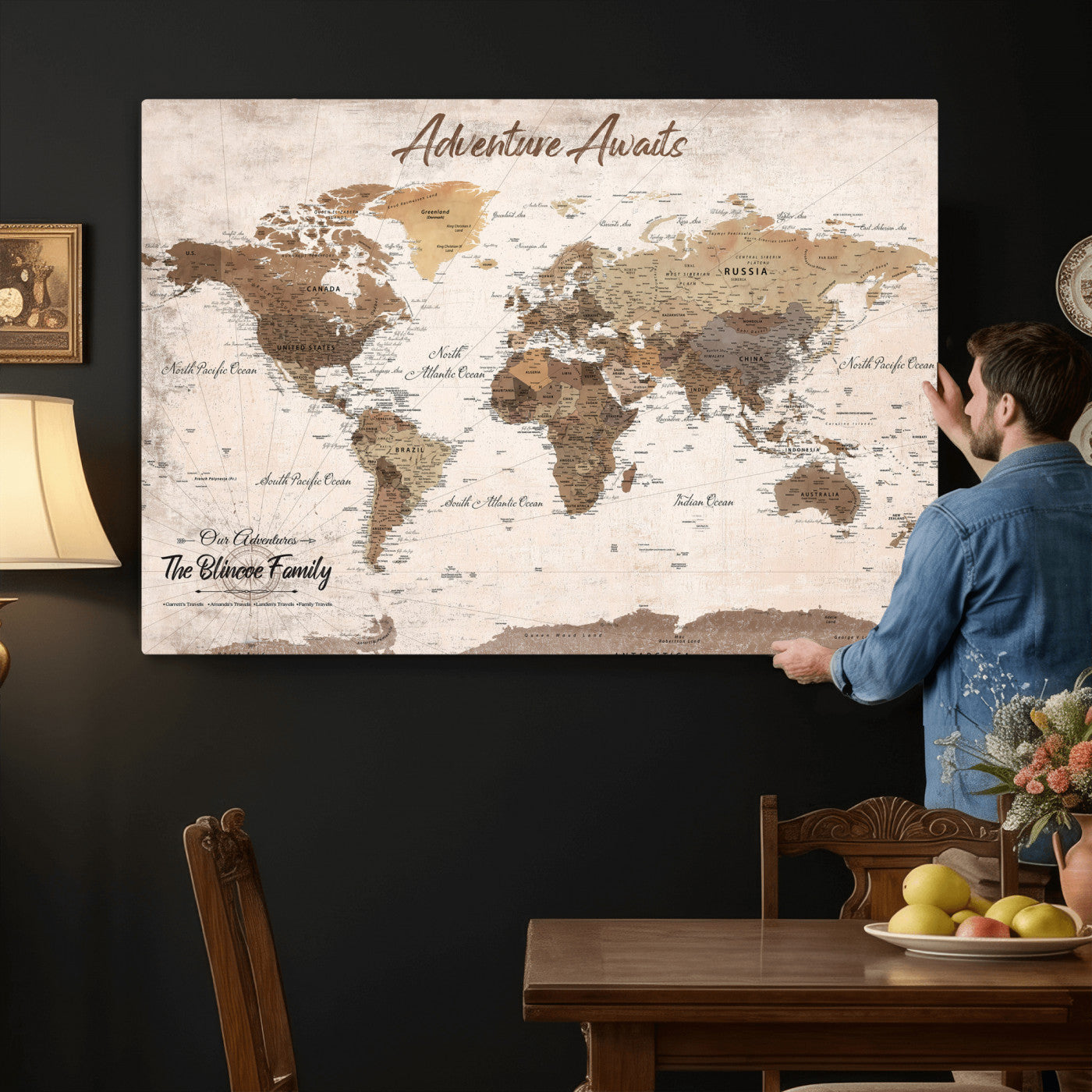 70887266-MGV-CV-36X24 - Custom Push Pin World Map Wall Art Canvas Print – Personalized Travel Tracker with Pins Framed Large for Home and Office Decor