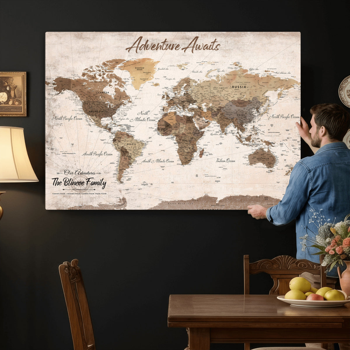 70887266-MGV-CV-36X24 - Custom Push Pin World Map Wall Art Canvas Print | Personalized Travel Tracker