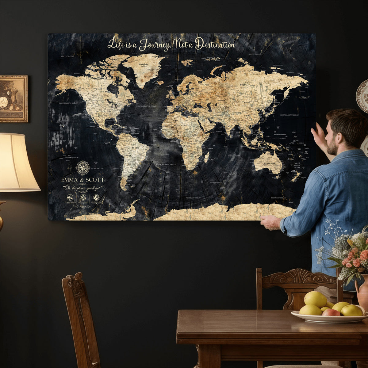 77472096-MGV-CV-36X24 - Custom Push Pin World Map Wall Art Canvas Print | Personalized Travel Tracker with Pins Framed Large for Home and Office Decor