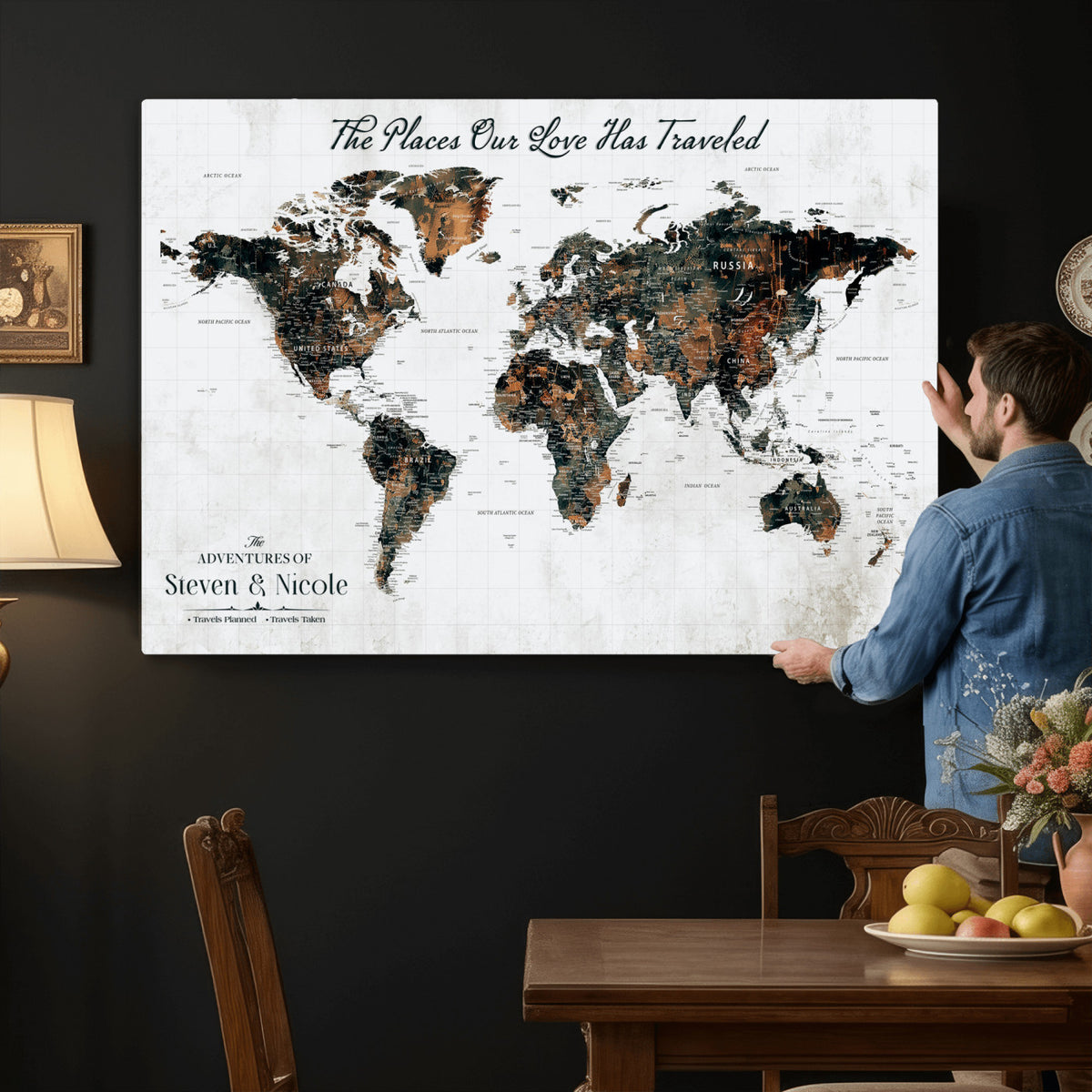 29090064-MGV-CV-36X24 - Personalized Beige Push Pin World Map Canvas Print, Honeymoon and Anniversary Gift, Living Room and Dining Room Decor