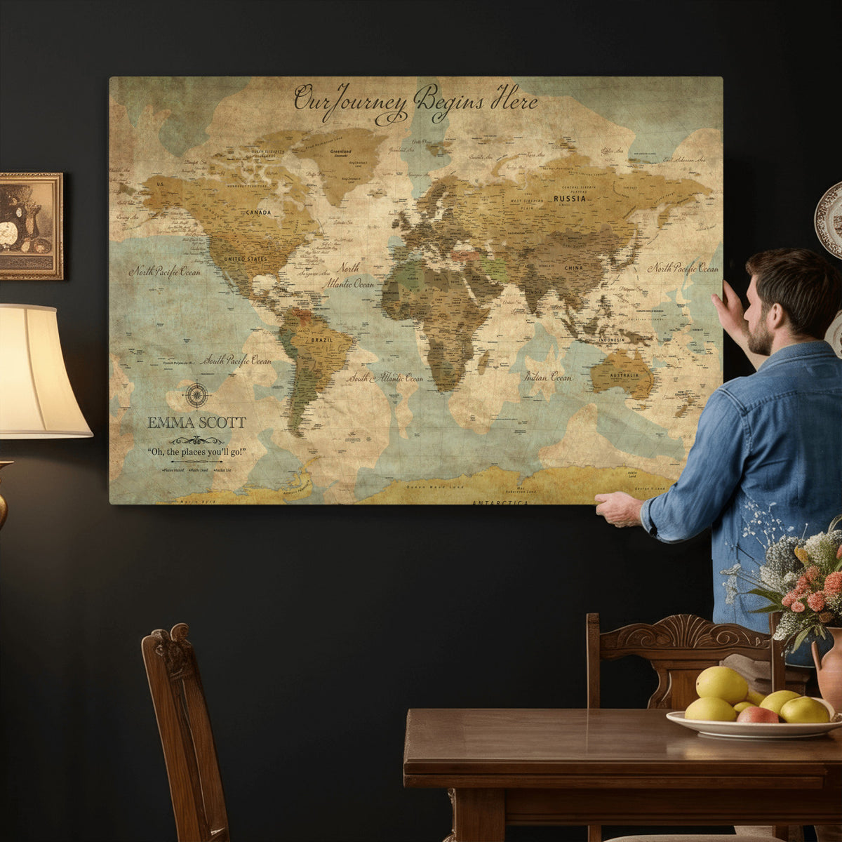 66550749-MGV-CV-36X24 - Custom Push Pin World Map Wall Art Canvas Print | Personalized Travel Tracker with Pins Framed Large for Home and Office Decor