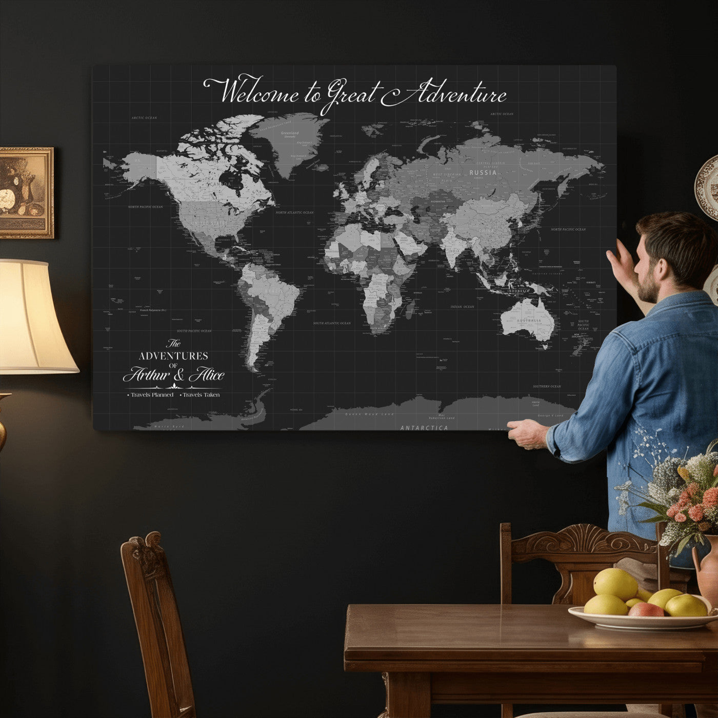57127599-MGV-CV-36X24 - Custom Push Pin World Map Wall Art Canvas Print – Personalized Travel Tracker with Pins Framed Large for Home and Office Decor