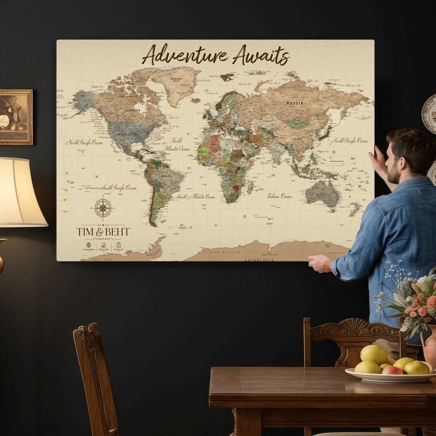 72027187-MGV-CV-36X24 - Custom Push Pin World Map Wall Art Canvas Print – Personalized Travel Tracker with Pins Framed Large for Home and Office Decor