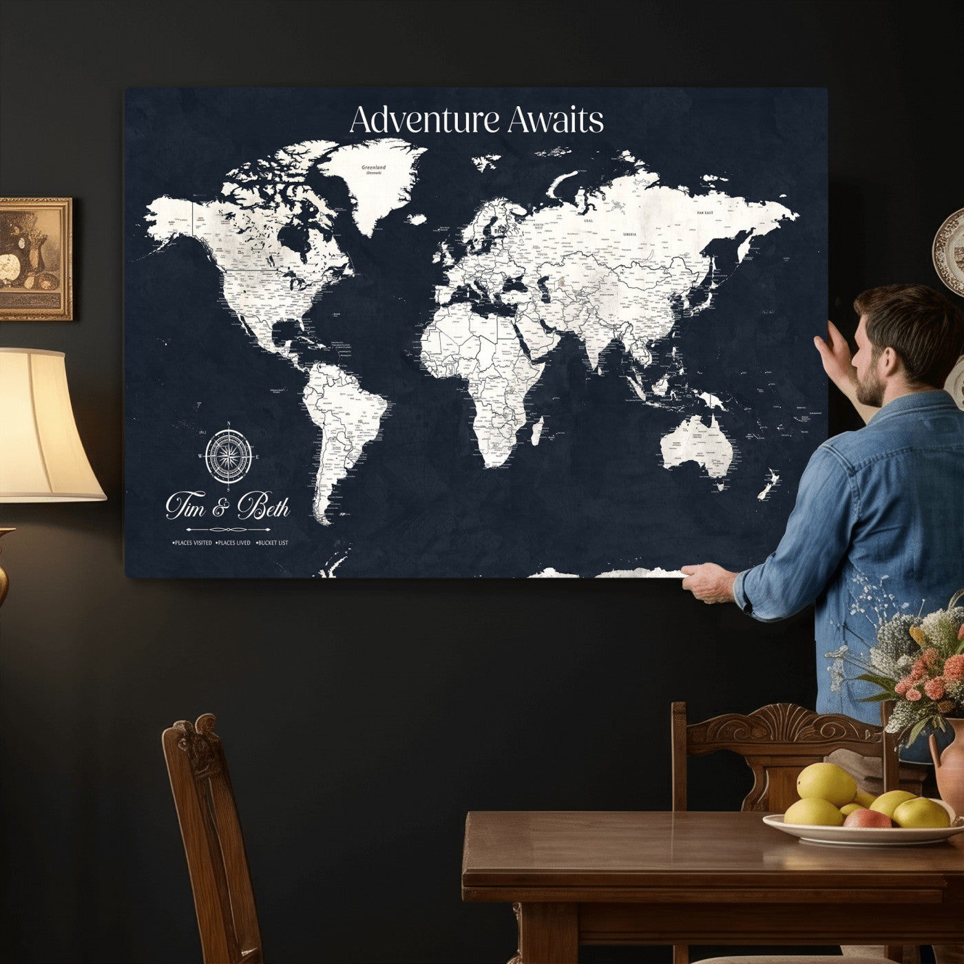84045875-MGV-CV-36X24 - Custom Push Pin World Map Wall Art Canvas Print – Personalized Travel Tracker with Pins Framed Large for Home and Office Decor