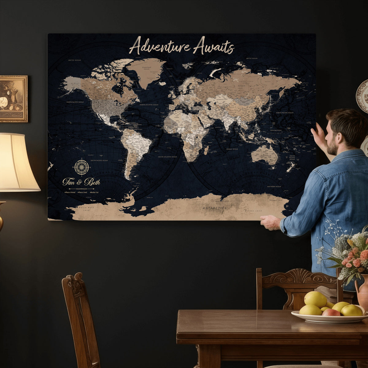 66938317-MGV-CV-36X24 - Custom Push Pin World Map Wall Art Canvas Print | Personalized Travel Tracker with Pins Framed Large for Home and Office Decor