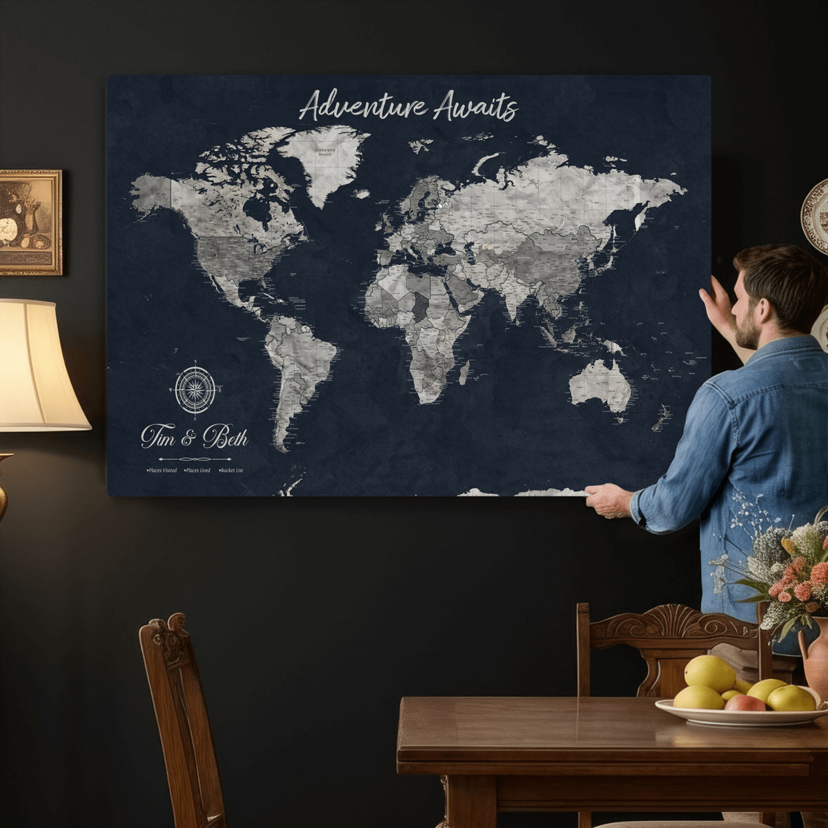 32031089-MGV-CV-36X24 - Custom Push Pin World Map Wall Art Canvas Print | Personalized Travel Tracker with Pins Framed Large for Home and Office Decor