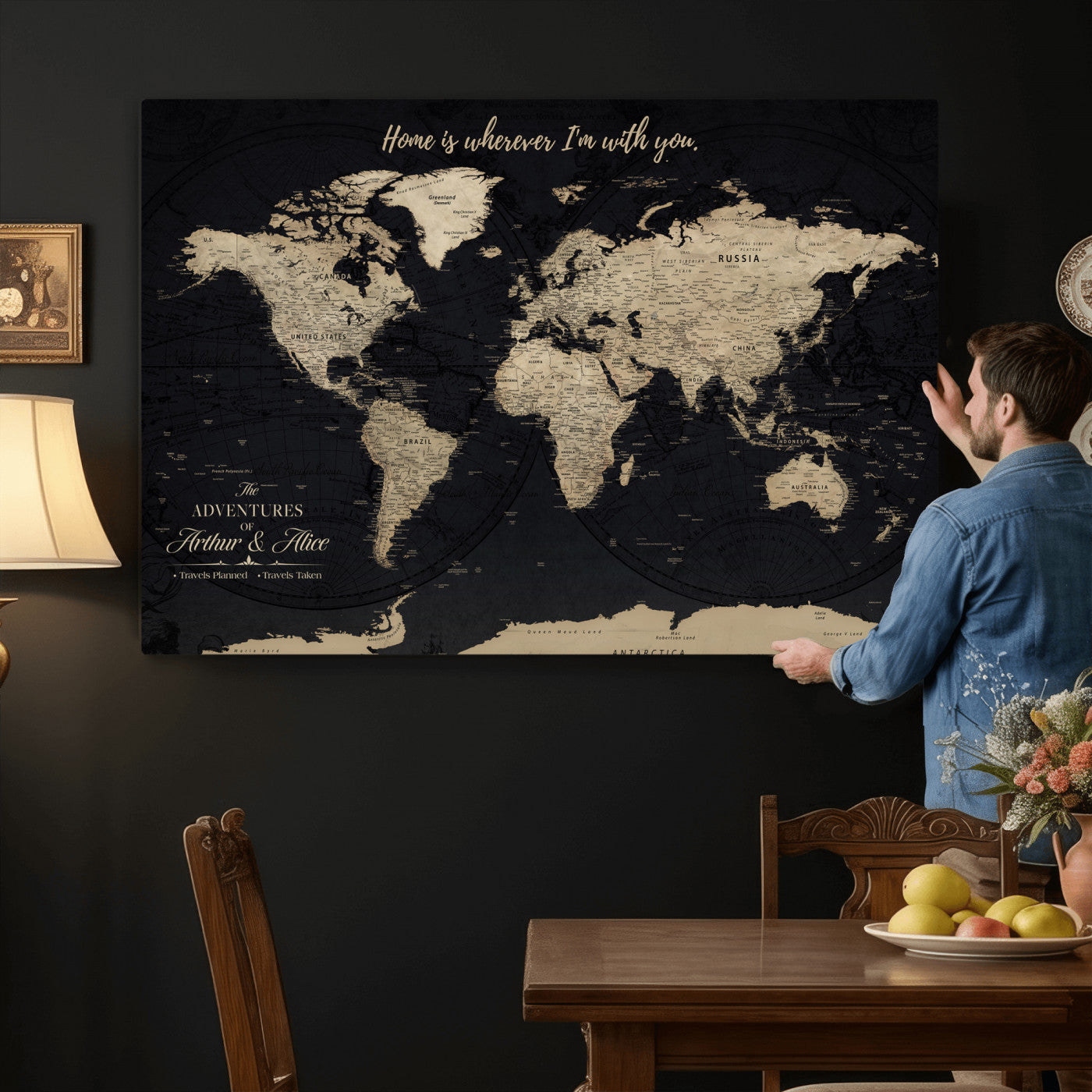 31416046-MGV-CV-36X24 - Custom Push Pin World Map Wall Art Canvas Print – Personalized Travel Tracker with Pins Framed Large for Home and Office Decor