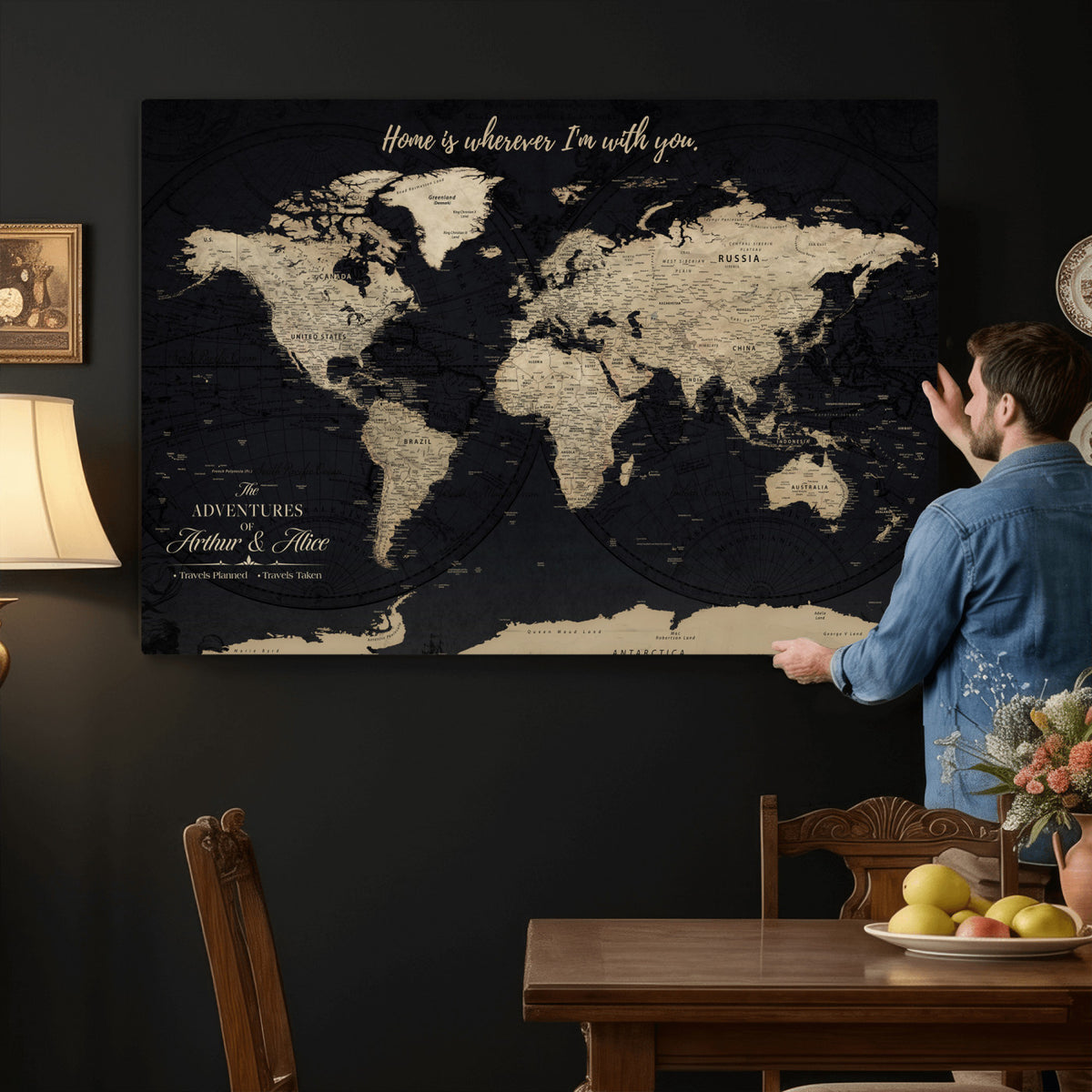 31416046-MGV-CV-36X24 - Custom Framed Beige Vintage Push Pin Travel Map Canvas Print, Honeymoon and Anniversary Gift, Study and Hallway Decor