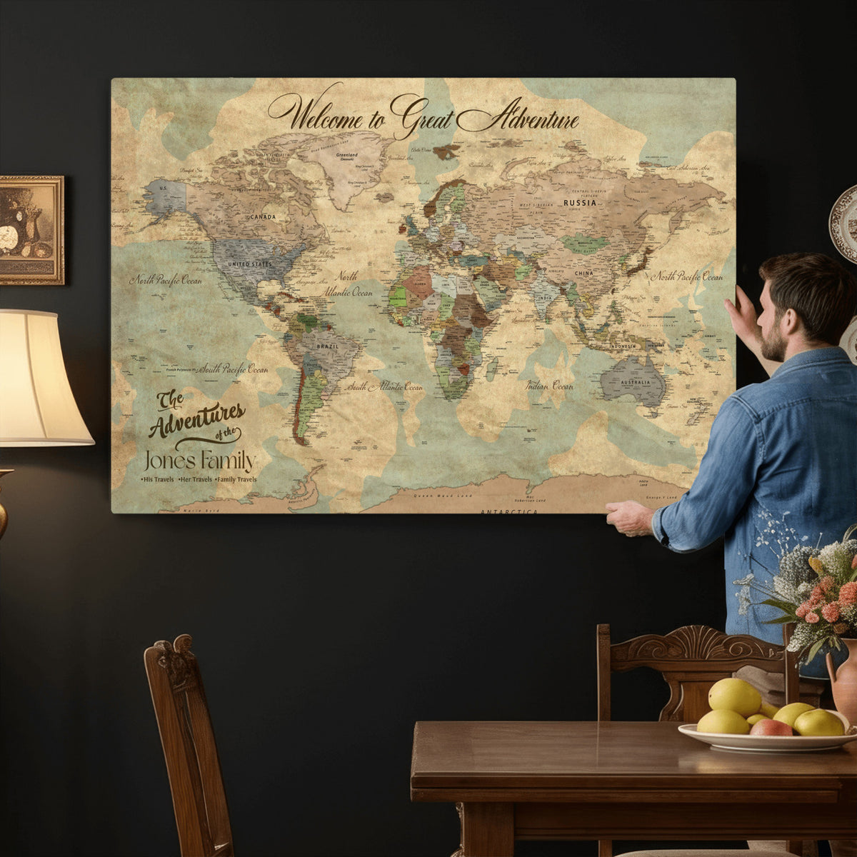38092909-MGV-CV-36X24 - Personalized Framed Navy Vintage Push Pin World Map Wall Art, Places Visited Tracker, Bedroom and Hallway Decor