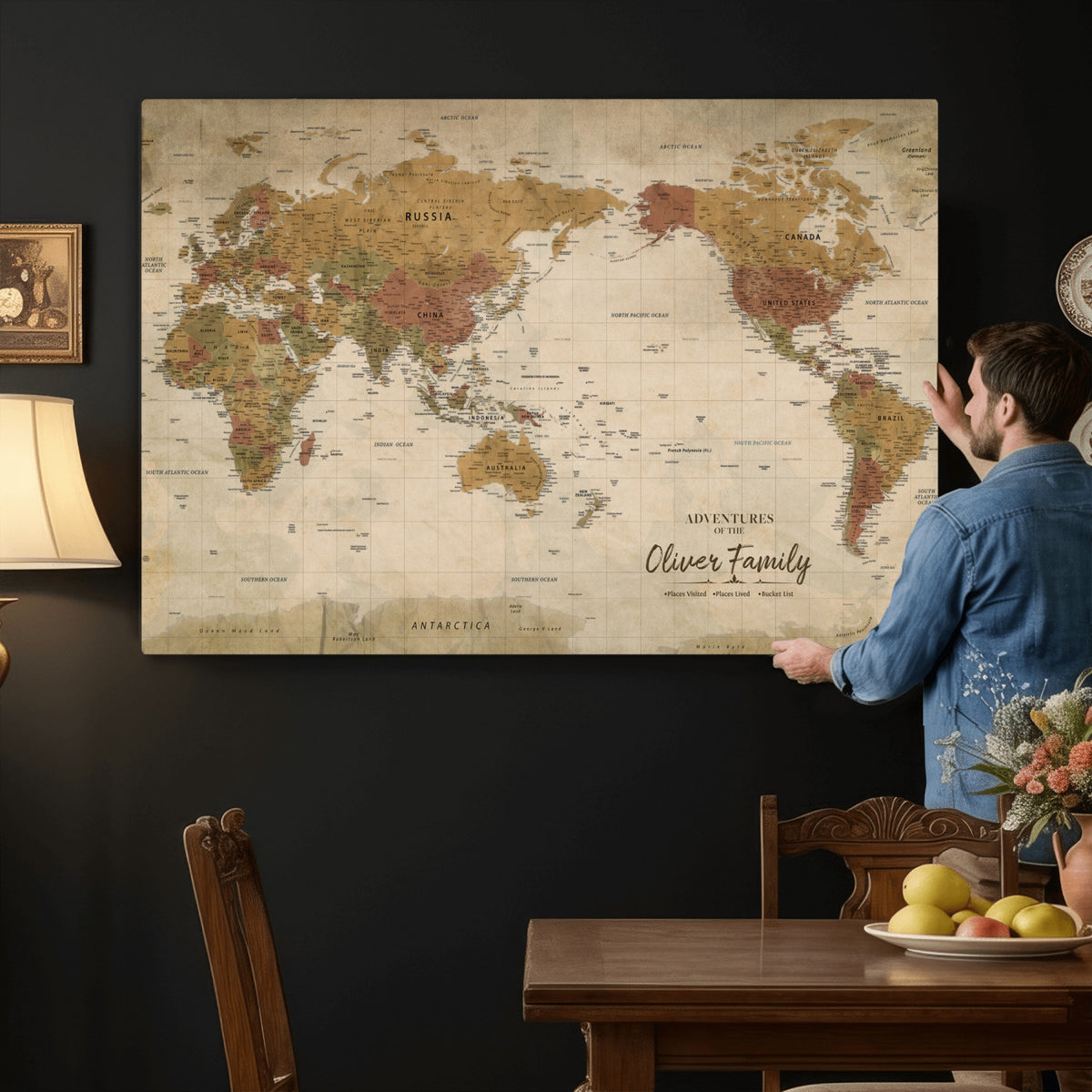 19347393-MGV-CV-36X24 - Personalized Framed Navy Modern World Map Canvas with Push Pins, Bucket List Map, Living Room and Entryway Decor