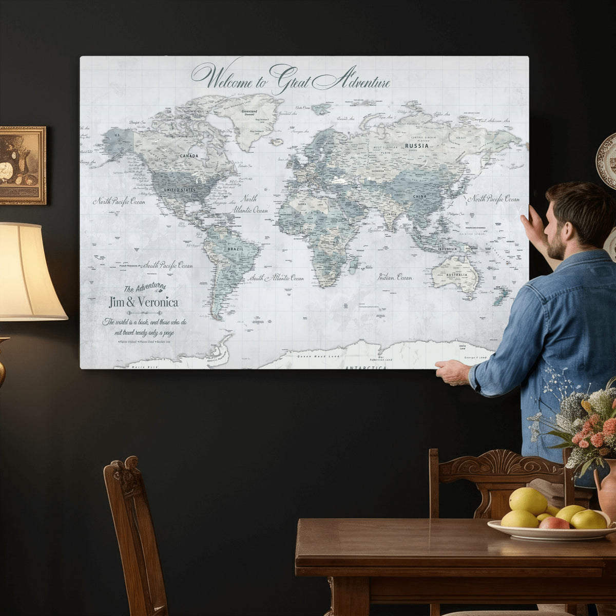 55391088-MGV-CV-36X24 - Personalized Beige Antique Push Pin World Map Canvas Print, Family Travel Tracker, Family Room and Entryway Decor