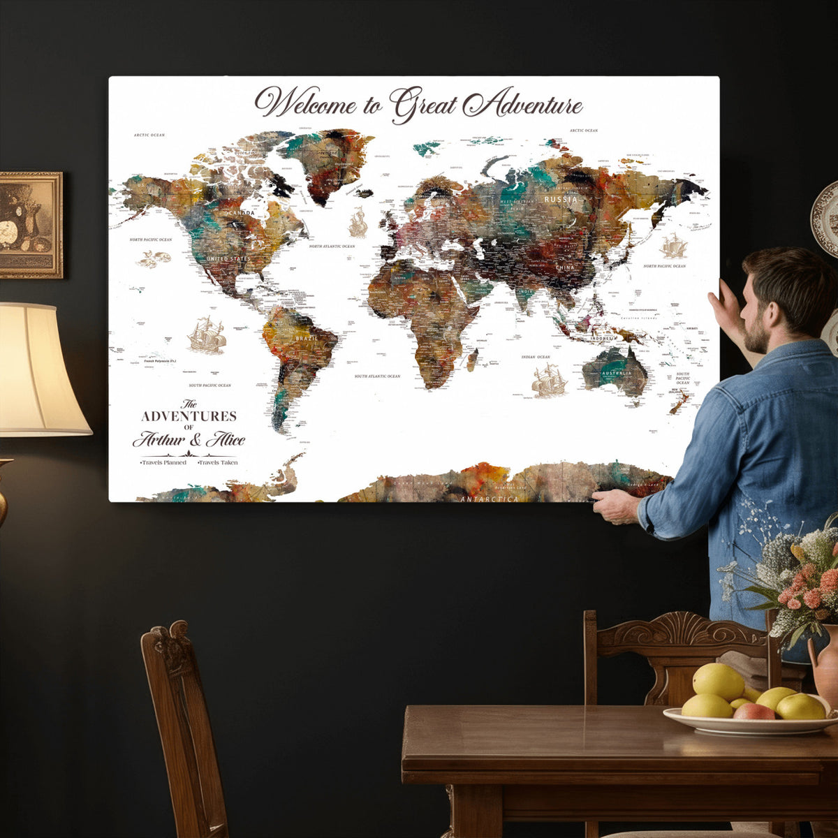 20271103-MGV-CV-36X24 - Custom Framed Beige Modern Push Pin World Map Wall Art, Couples Countries Visited Map, Study and Entryway Decor