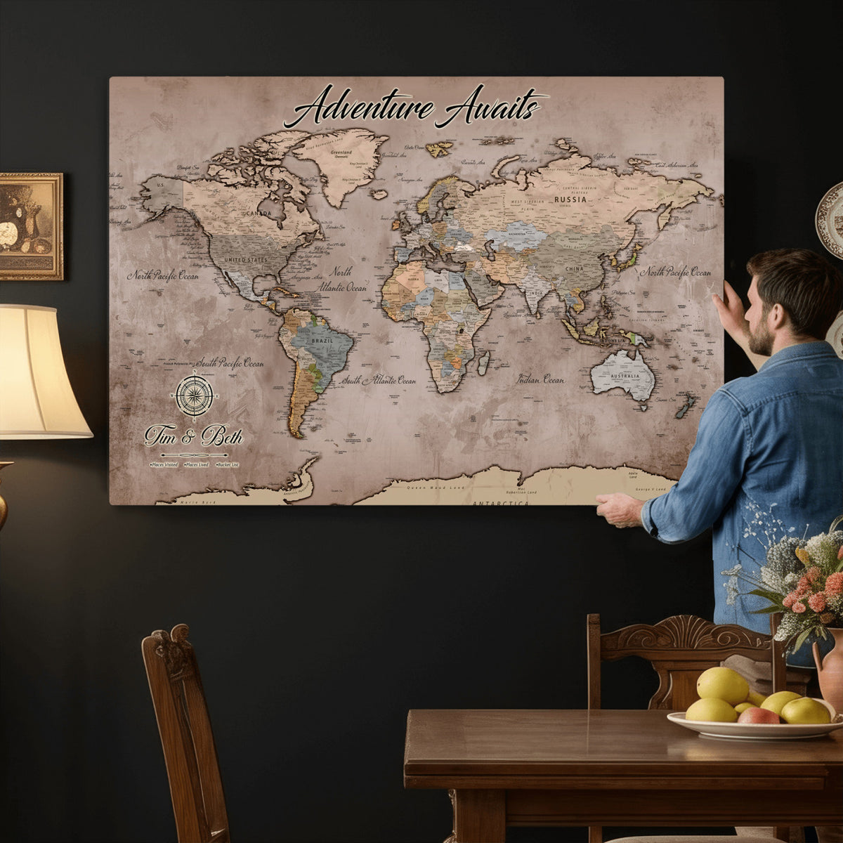 30508877-MGV-CV-36X24 - Custom Push Pin World Map Wall Art Canvas Print | Personalized Travel Tracker