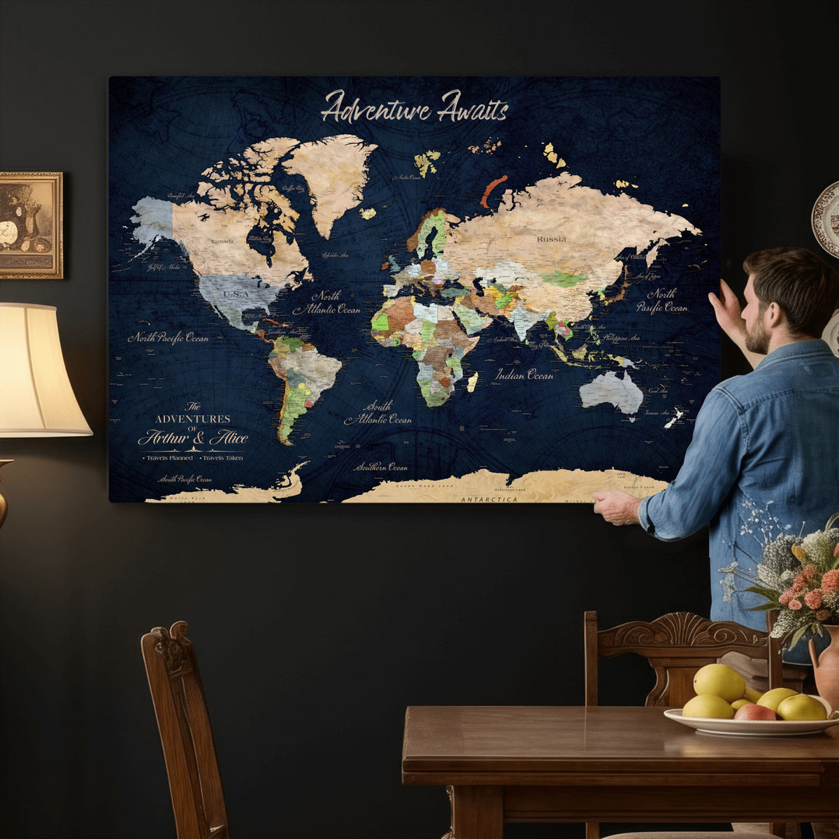 39120422-MGV-CV-36X24 - Personalized Beige Antique Push Pin Travel Map Canvas Print, Bucket List Map, Dining Room and Entryway Decor