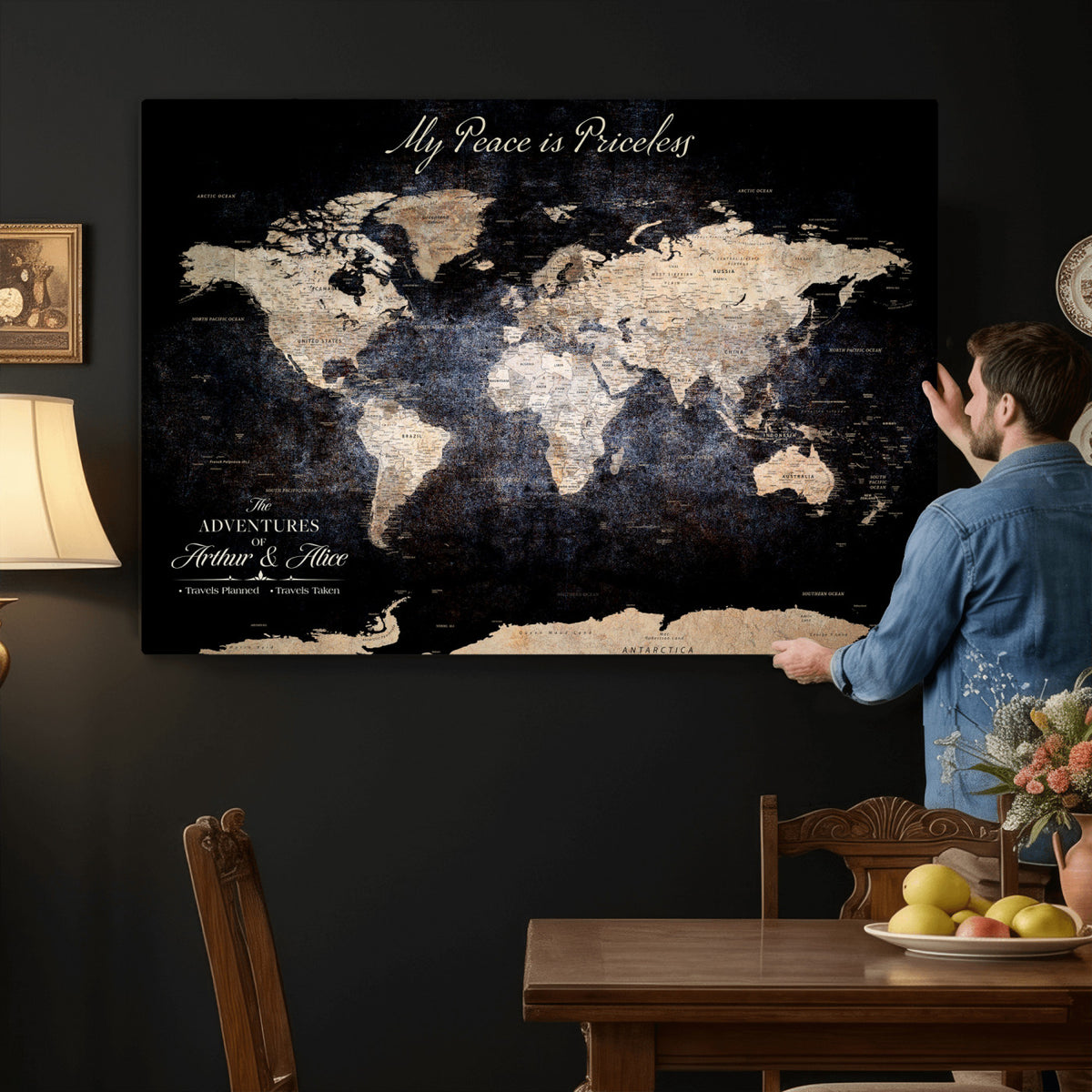 38689152-MGV-CV-36X24 - Personalized Beige World Map Canvas with Push Pins, Couples Countries Visited Map, Study and Hallway Decor