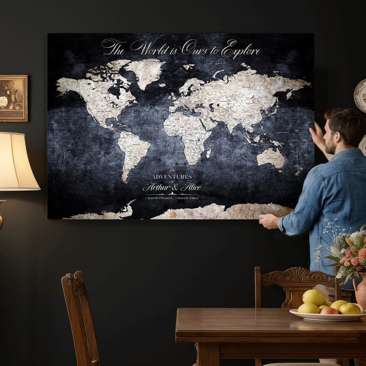 78489746-MGV-CV-36X24 - Custom Push Pin World Map Wall Art Canvas Print | Personalized Travel Tracker with Pins Framed Large for Home and Office Decor