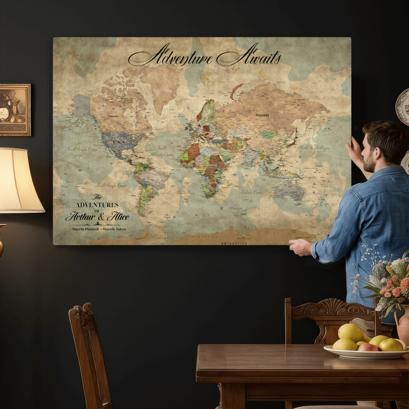 80420159-MGV-CV-36X24 - Custom Push Pin World Map Wall Art Canvas Print – Personalized Travel Tracker with Pins Framed Large for Home and Office Decor