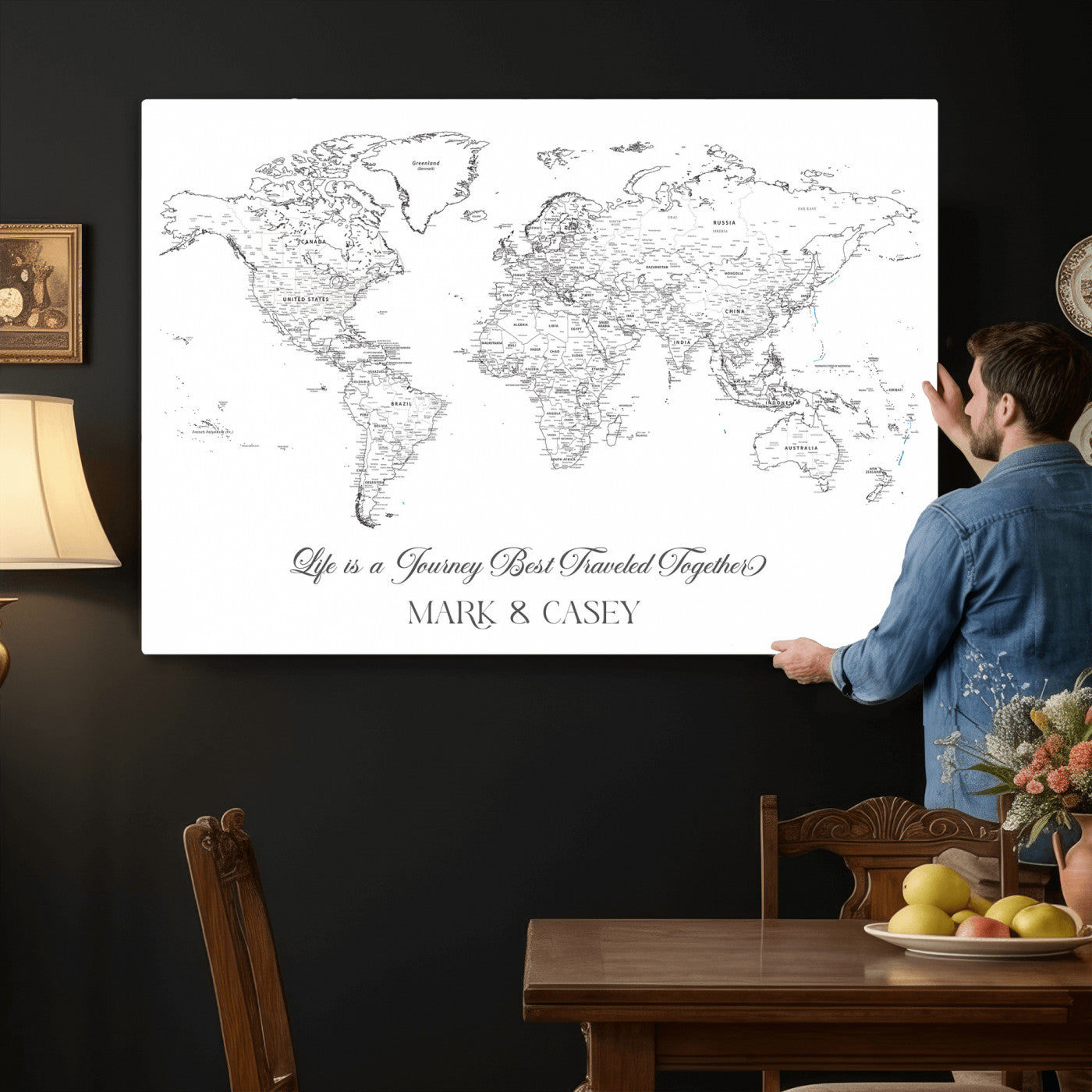 57820424-MGV-CV-36X24 - Custom Push Pin World Map Wall Art Canvas Print – Personalized Travel Tracker with Pins Framed Large for Home and Office Decor