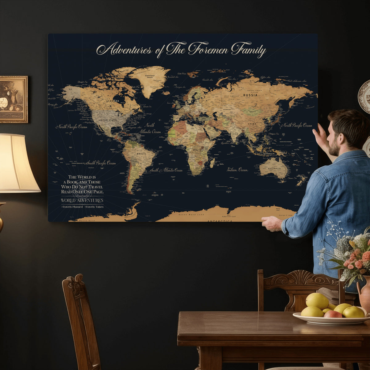 89403803-MGV-CV-36X24 - Personalized Beige Modern Family Adventure Push Pin World Map Canvas, Places Visited Tracker, Family Room and Home Office Decor