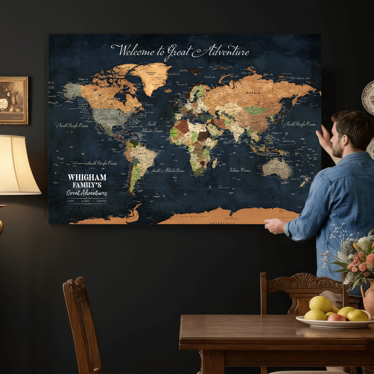 66788995-MGV-CV-36X24 - Custom Push Pin World Map Wall Art Canvas Print | Personalized Travel Tracker with Pins Framed Large for Home and Office Decor