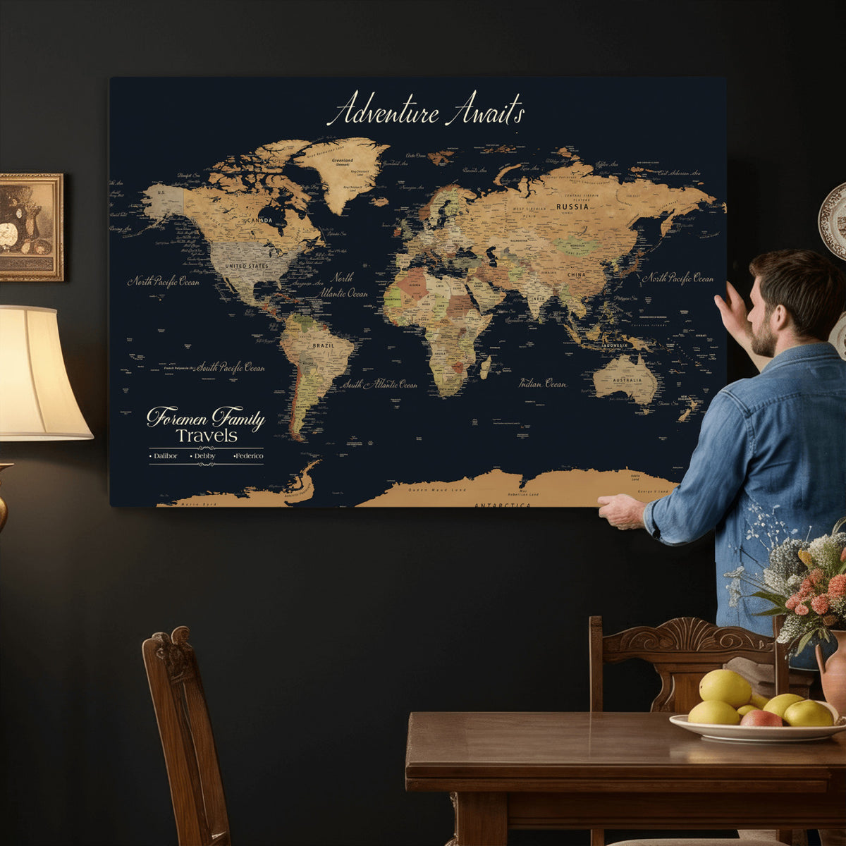 31781393-MGV-CV-36X24 - Custom Push Pin World Map Wall Art Canvas Print | Personalized Travel Tracker with Pins Framed Large for Home Decor